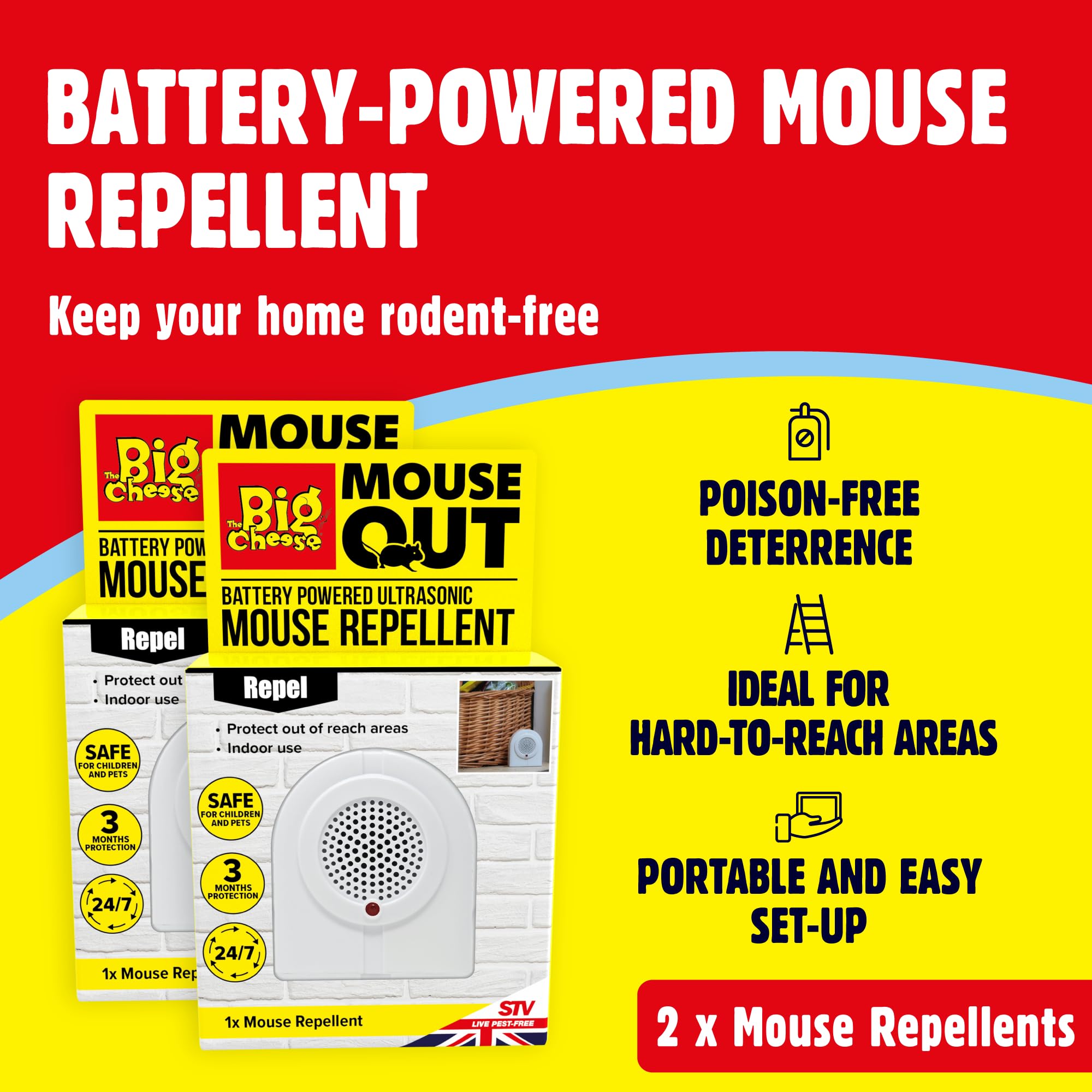 The Big Cheese Mouse Out Battery Powered Mouse Repellent - Portable Ultrasonic Protection | 2 Pack