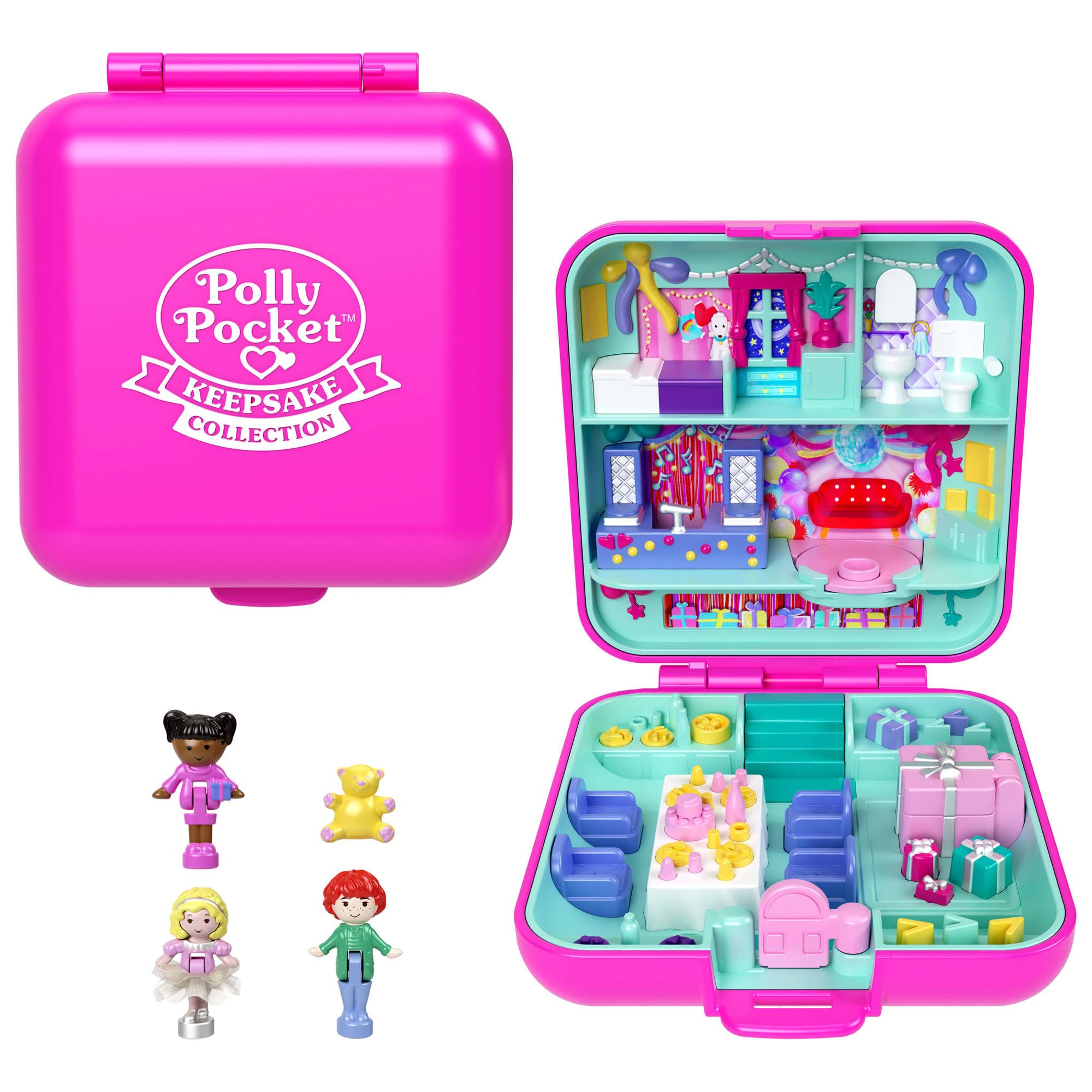 Polly Pocket Mattel 80th Anniversary Heritage Compact Playset - House Party with 3 Micro Dolls & Pet, Ages 4+