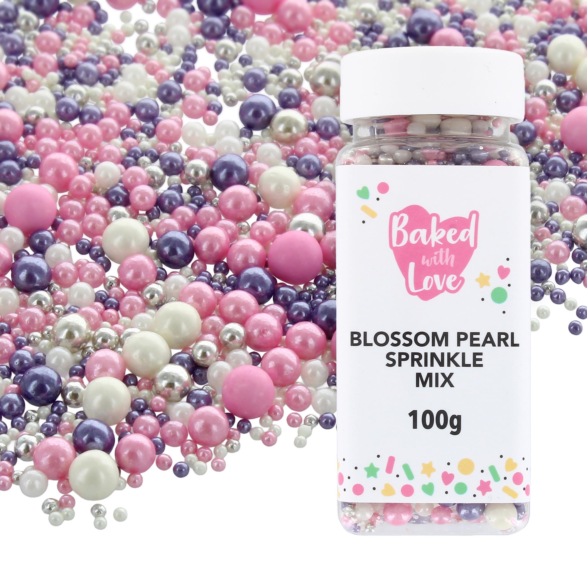 Baked with Love - Blossom Pearl Sprinkles Edible Cake Decorations | 100g | Pink, Purple, Silver