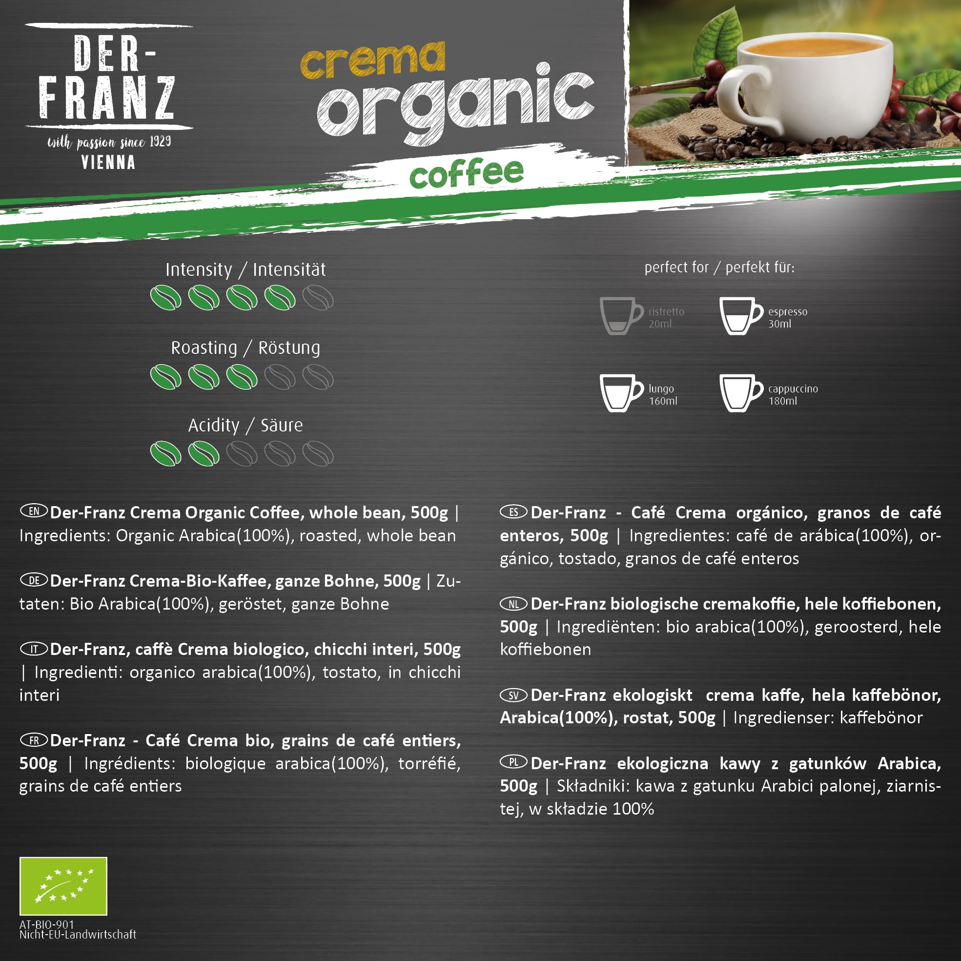 Der-Franz Crema Organic Coffee, Whole Bean, 3 x 500 g 7