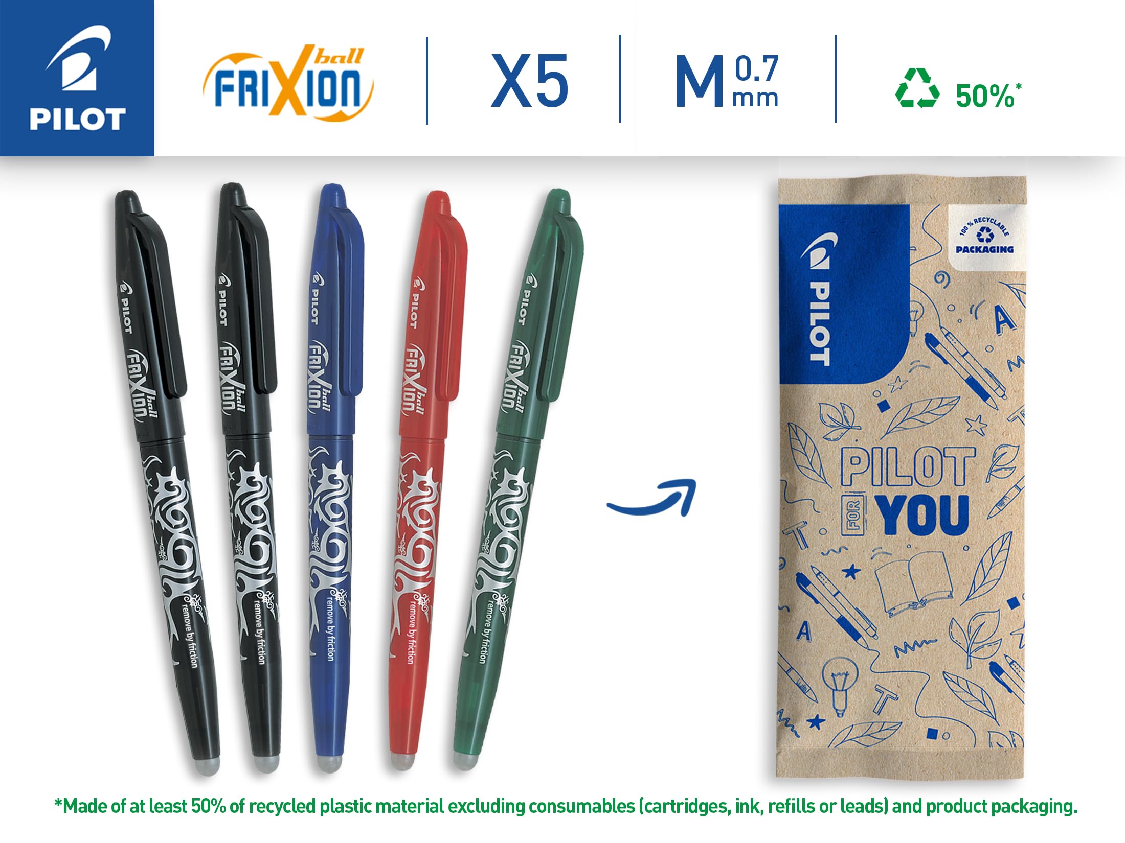 PILOT Frixion Erasable Rollerball Pen - 0.7mm Tip, Pack of 5 (2 Black, 1 Blue, 1 Red, 1 Green)