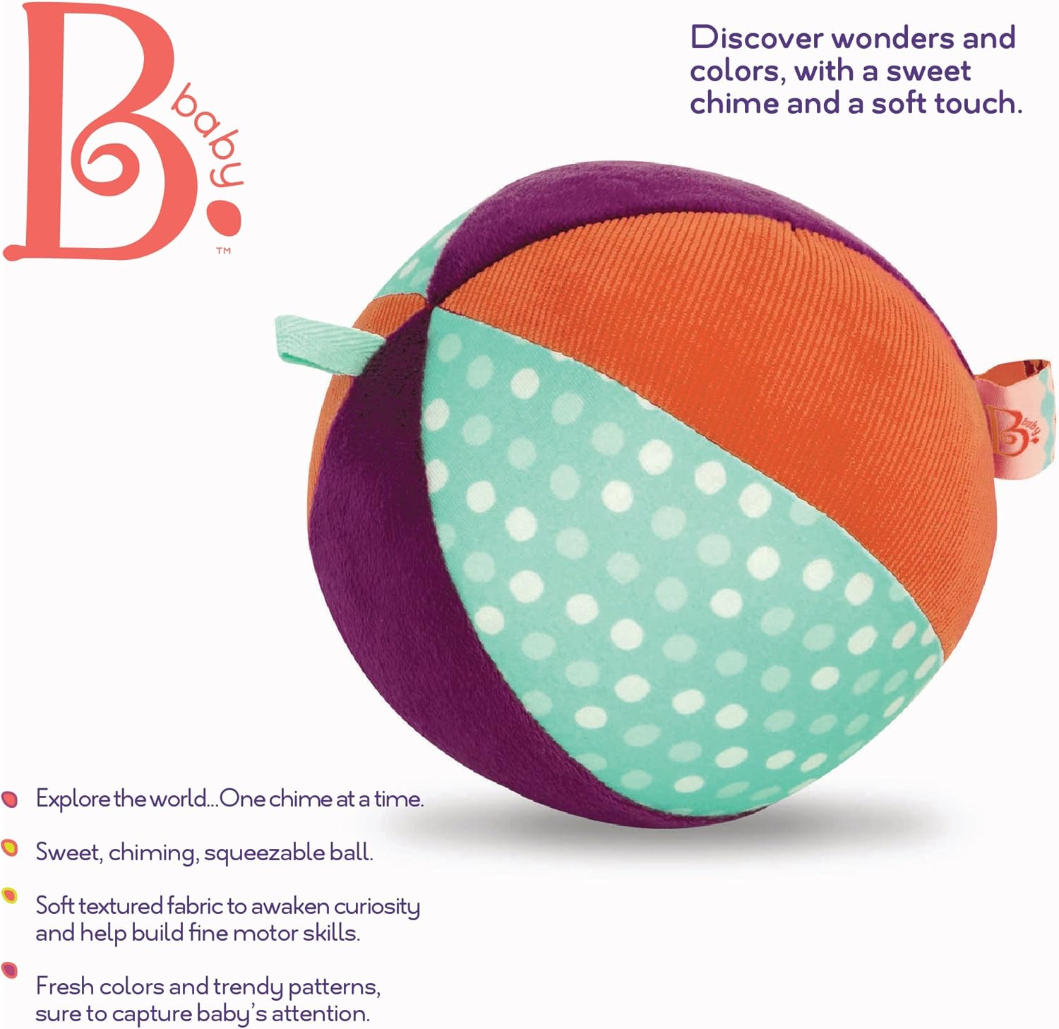 B. toys Make it Chime Fabric Ball - Sensory Toy for Babies with Textures, Colors & Bell 7