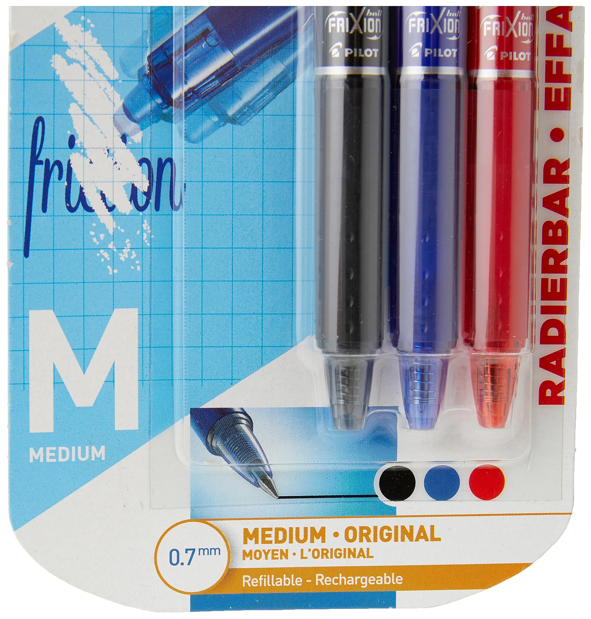 PILOT Frixion Clicker Retractable Erasable Rollerball Pen - 0.7 mm Tip | Pack of 3 Black/Blue/Red 2