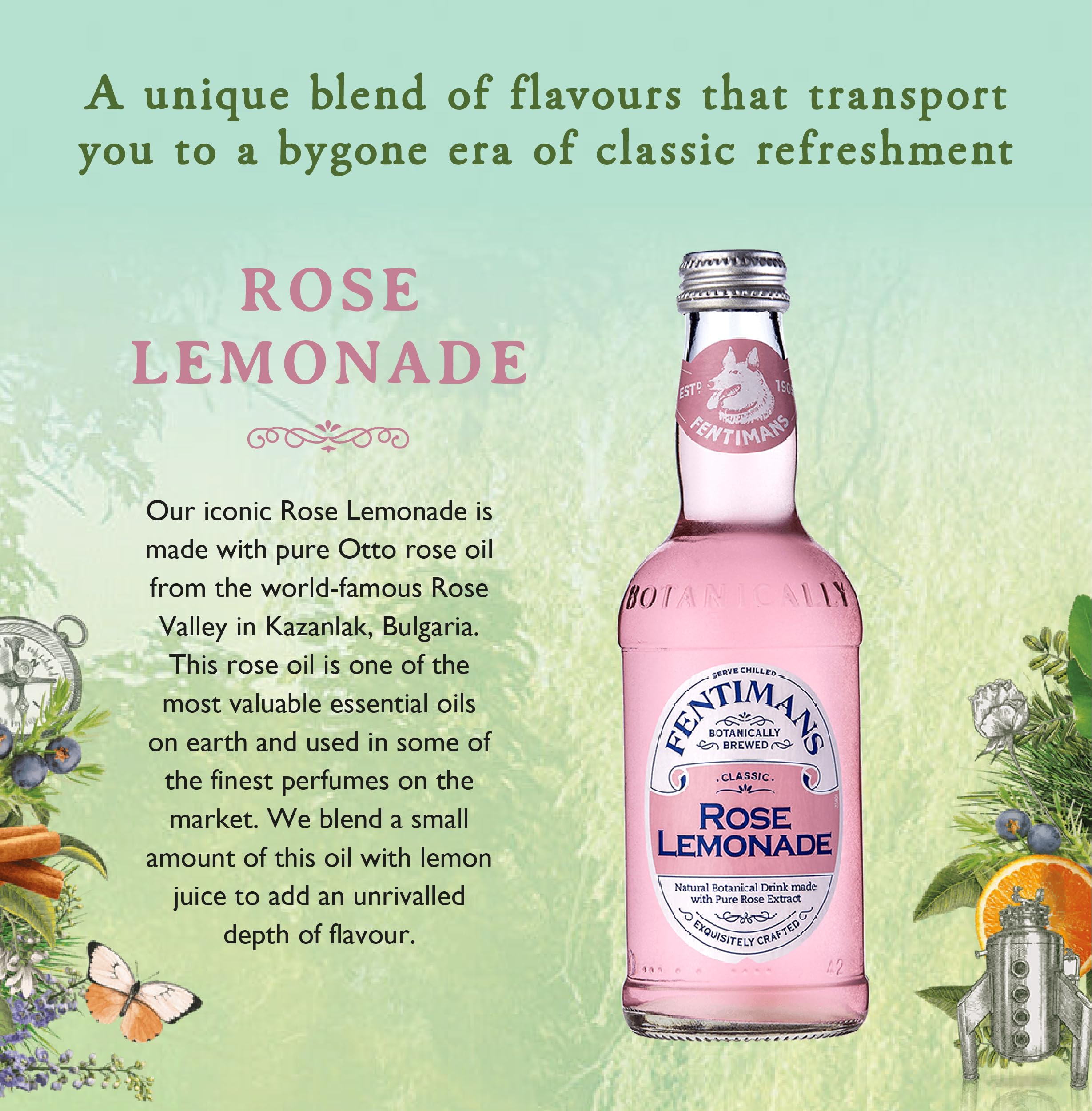 Fentimans Rose Lemonade - Botanically Brewed Sparkling Lemonade with Bulgarian Rose Oil & Lemon Juice (4 x 200ml Glass Bottles) 8