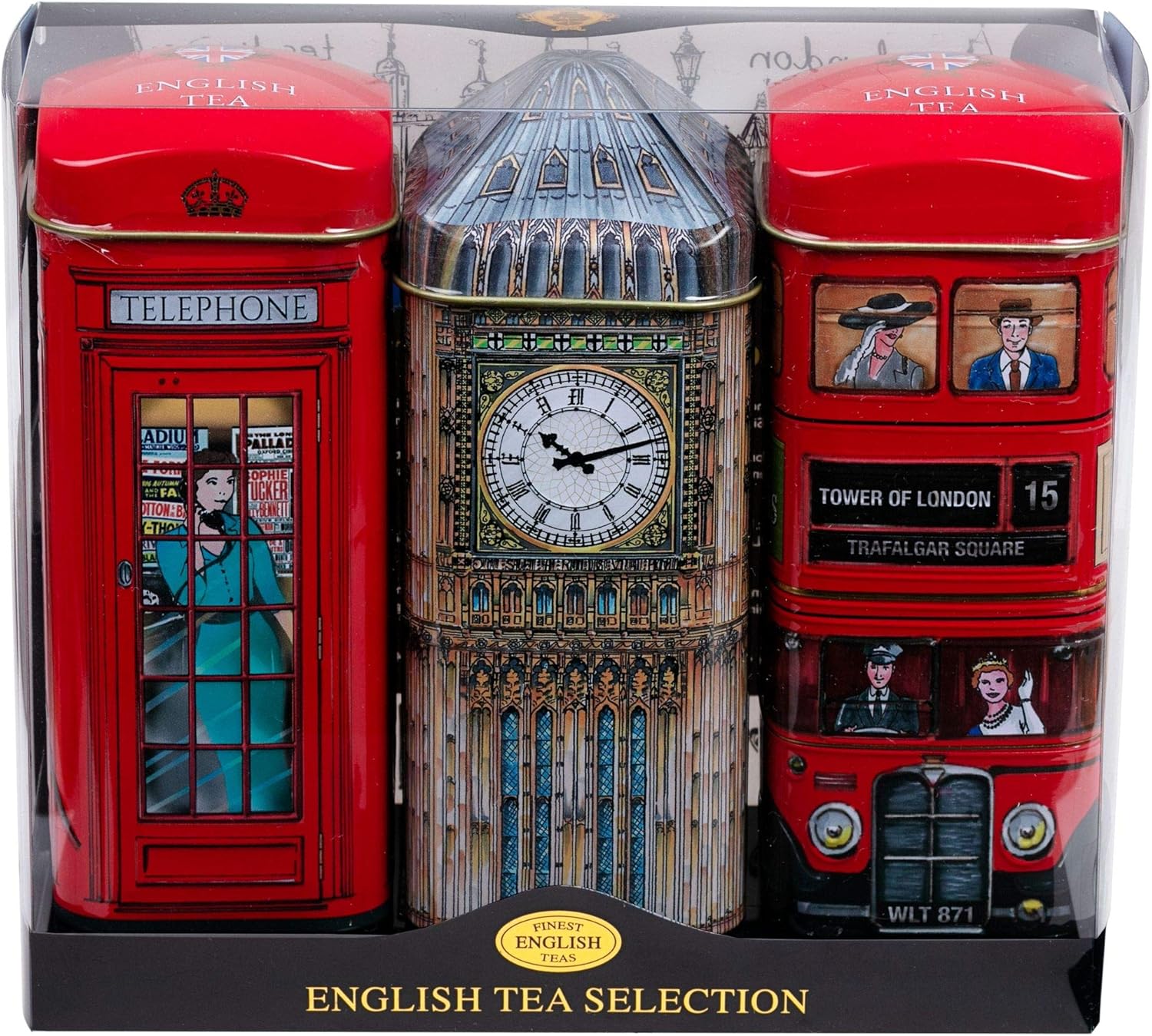 New English Teas Traditional English Tea Triple Tin Gift Set - Big Ben, London Bus & Red Phone Box