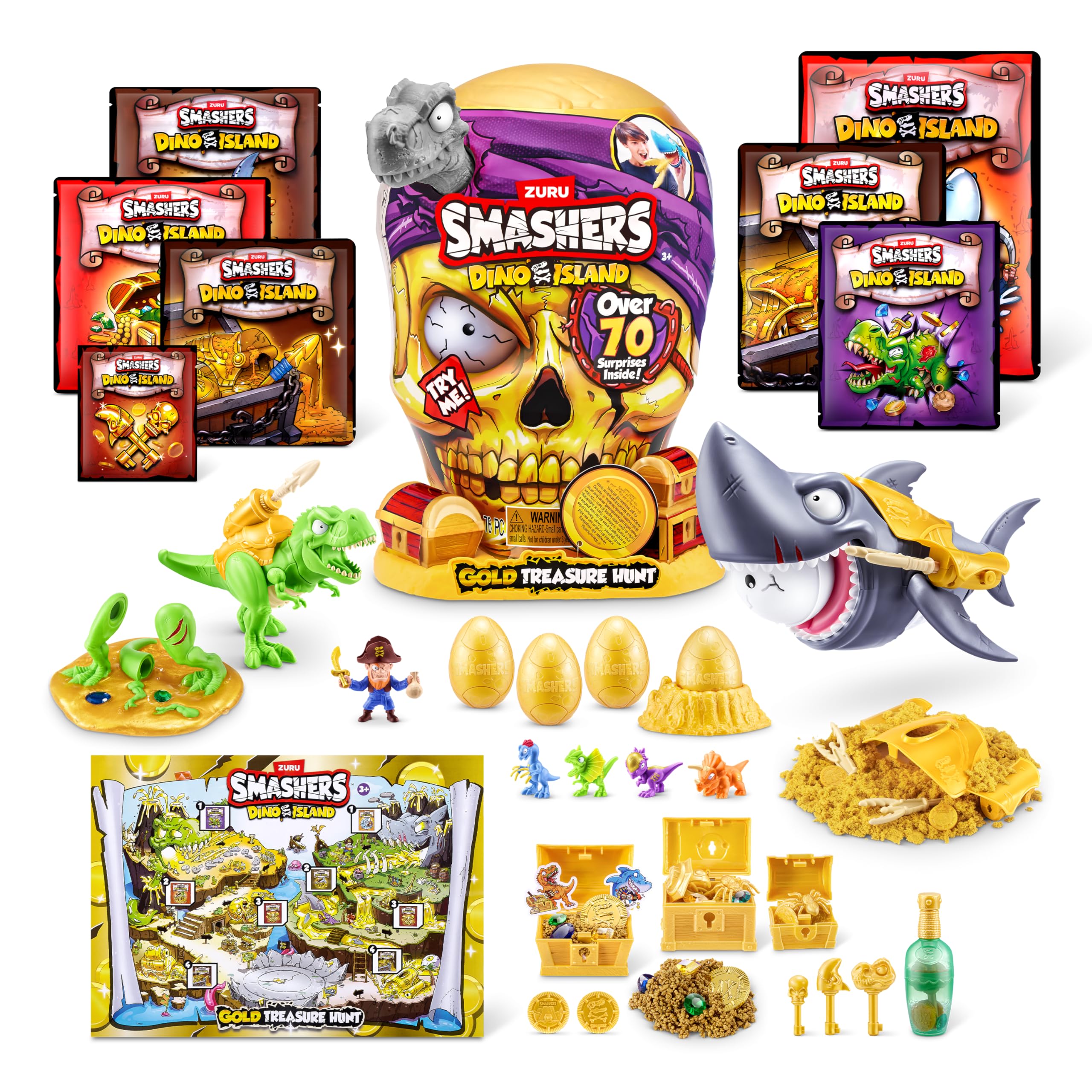 Smashers Dino Island Gold Treasure Hunt (Grey) - Interactive Playset with 70+ Surprises, Roars & Glows