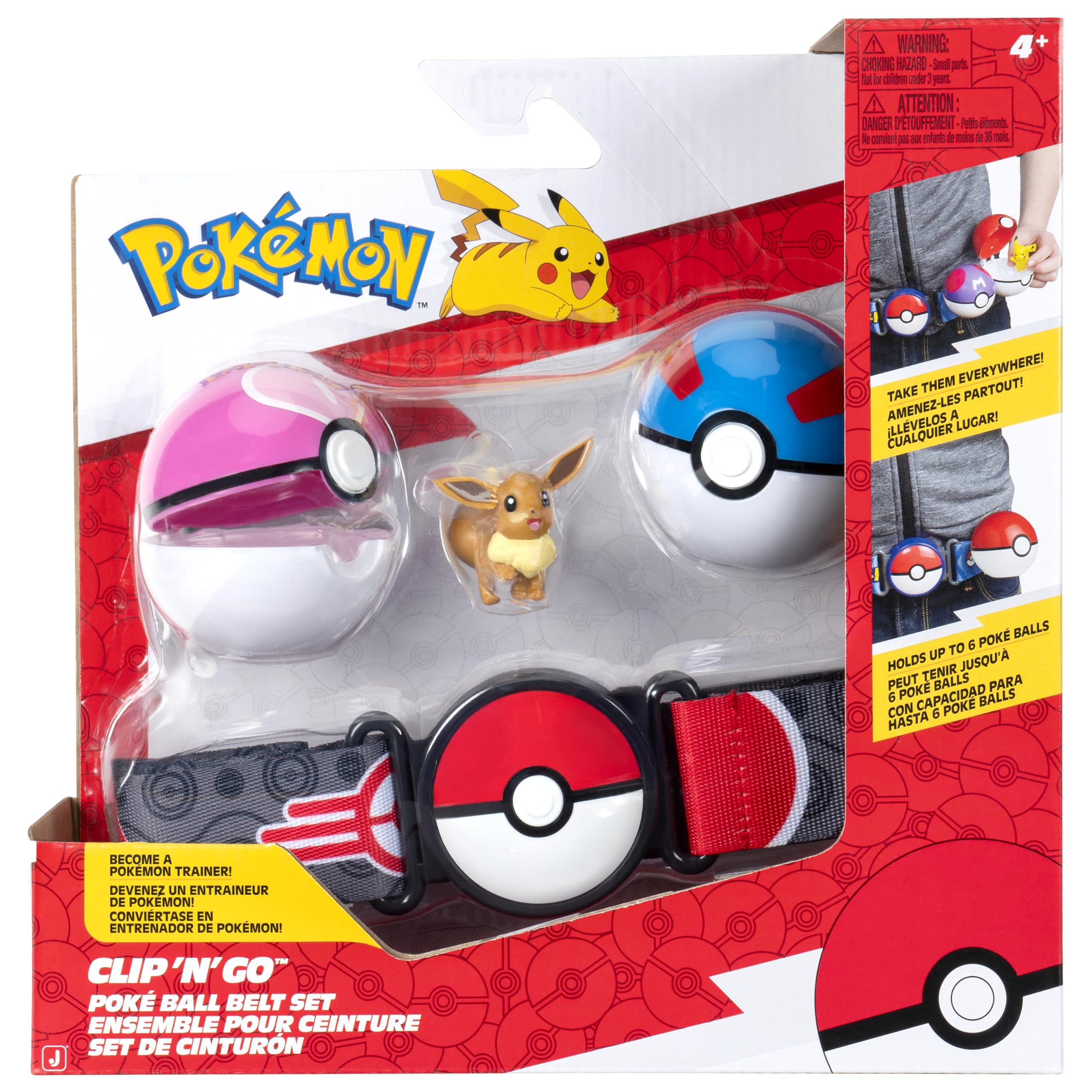 Pokémon Eevee Clip ‘N’ Go Belt Set - 2-Inch Figure, Great Ball, Love Ball | Wearable Themed Belt