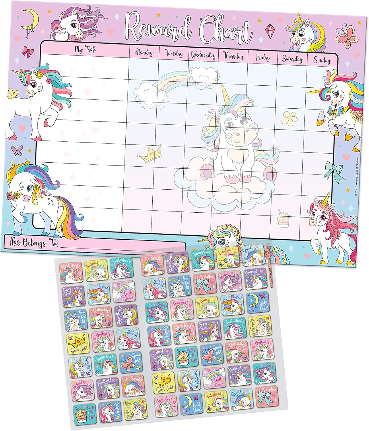 Magical Unicorns Reusable Reward Chart - 56 Sparkly Foil Stickers for Kids 3+ 3