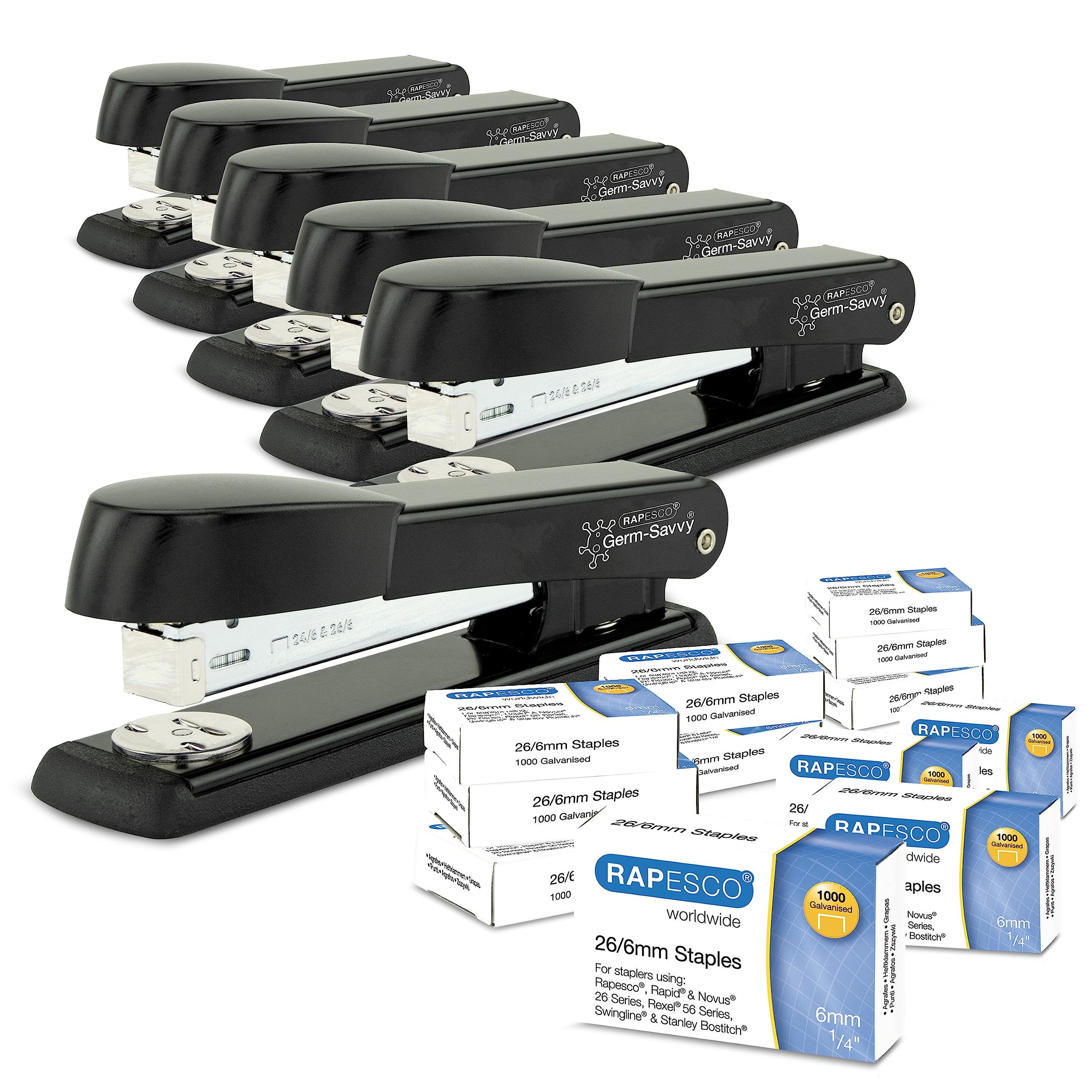 RAPESCO 1733 Business Pack: 6 Antibacterial Marlin Desktop Staplers | 25 Sheet Capacity