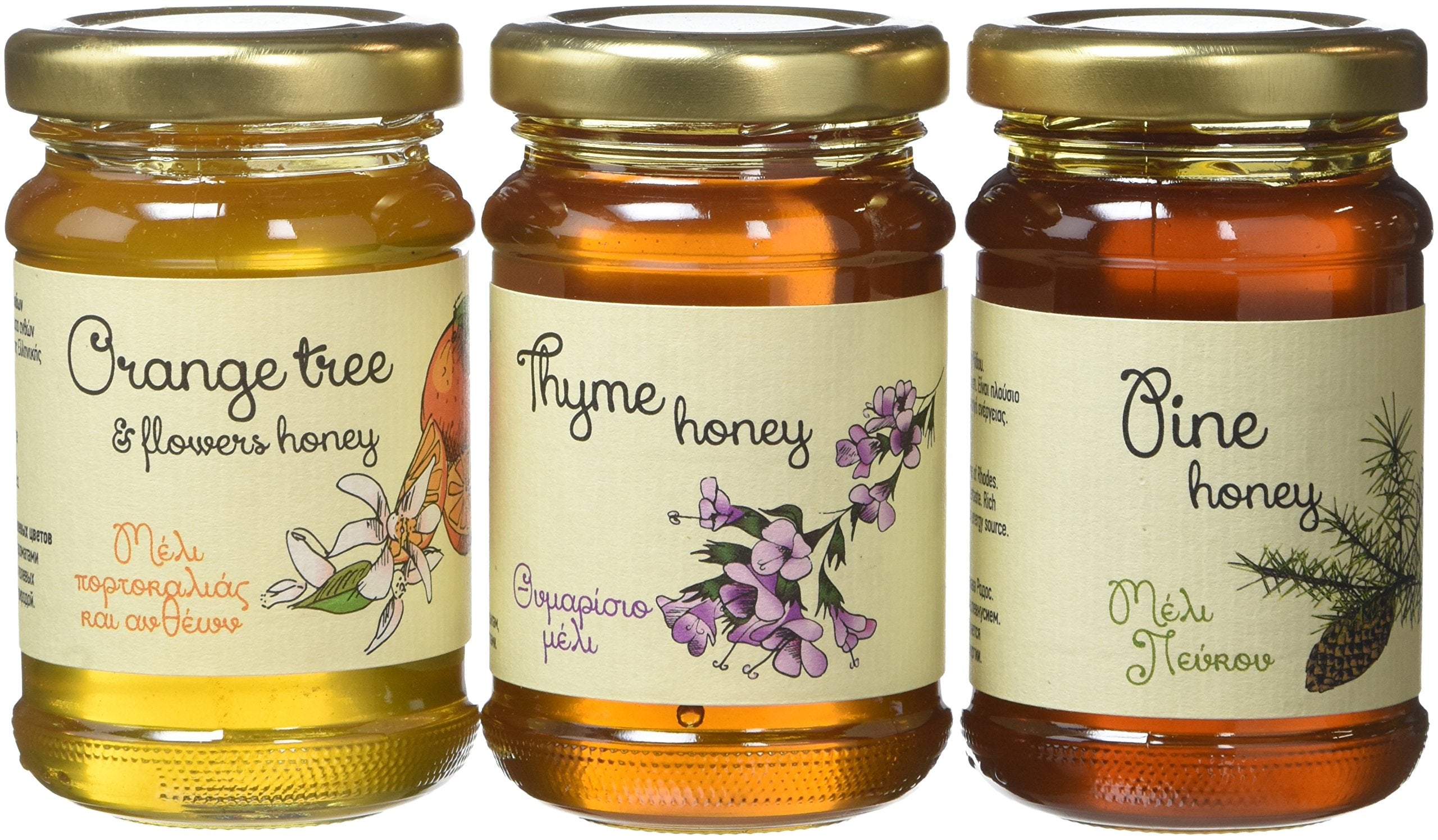 Melissokomiki Dodecanesse Greek Raw Honey Gift Set - 3 Varieties (Thyme, Pine, Orange Blossom) | 390g Total 1