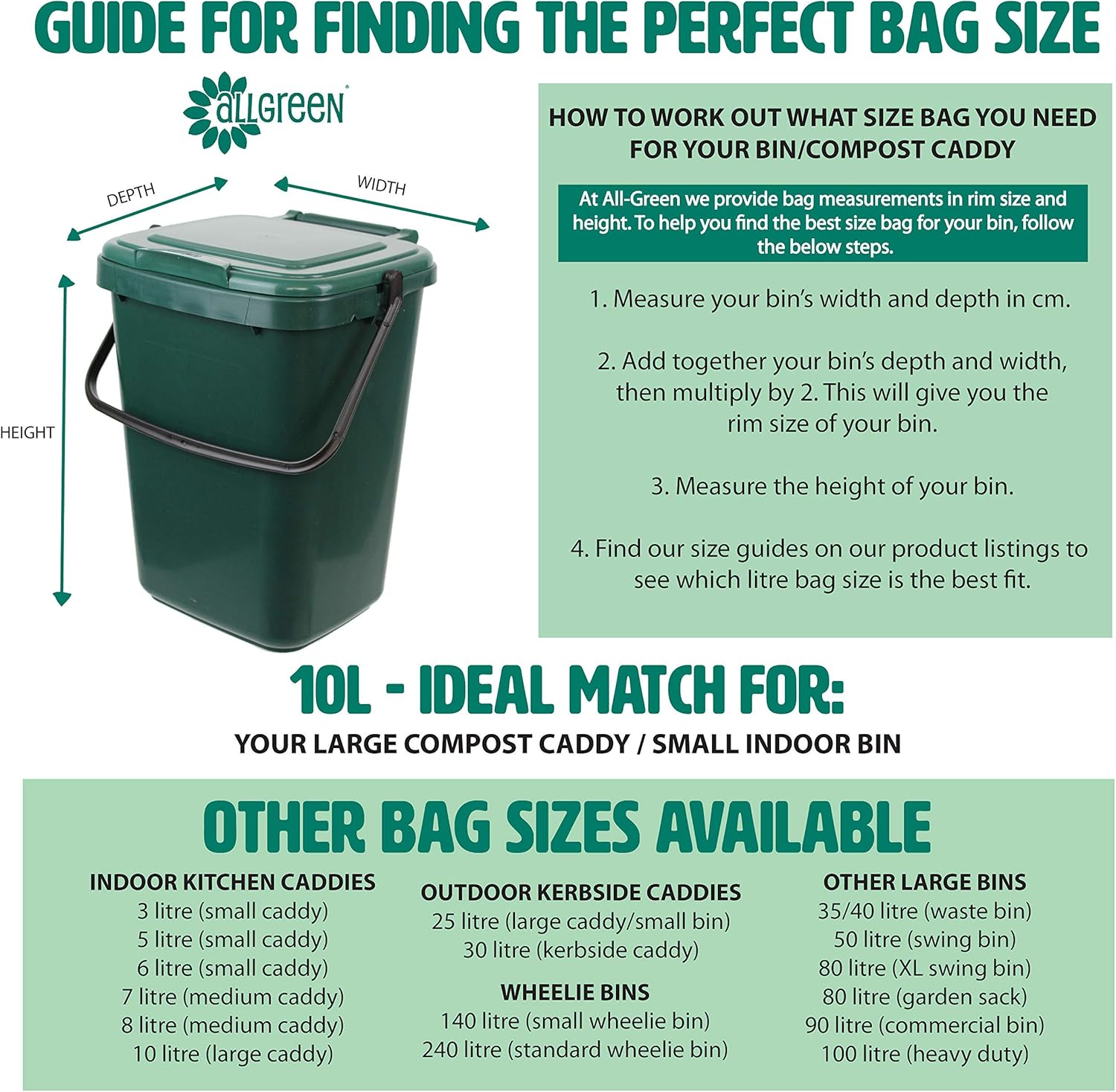 All-Green VC 10L-4 10 Litre Compostable Kitchen Caddy Bin Liners - 100 Bags (4 Rolls) 5