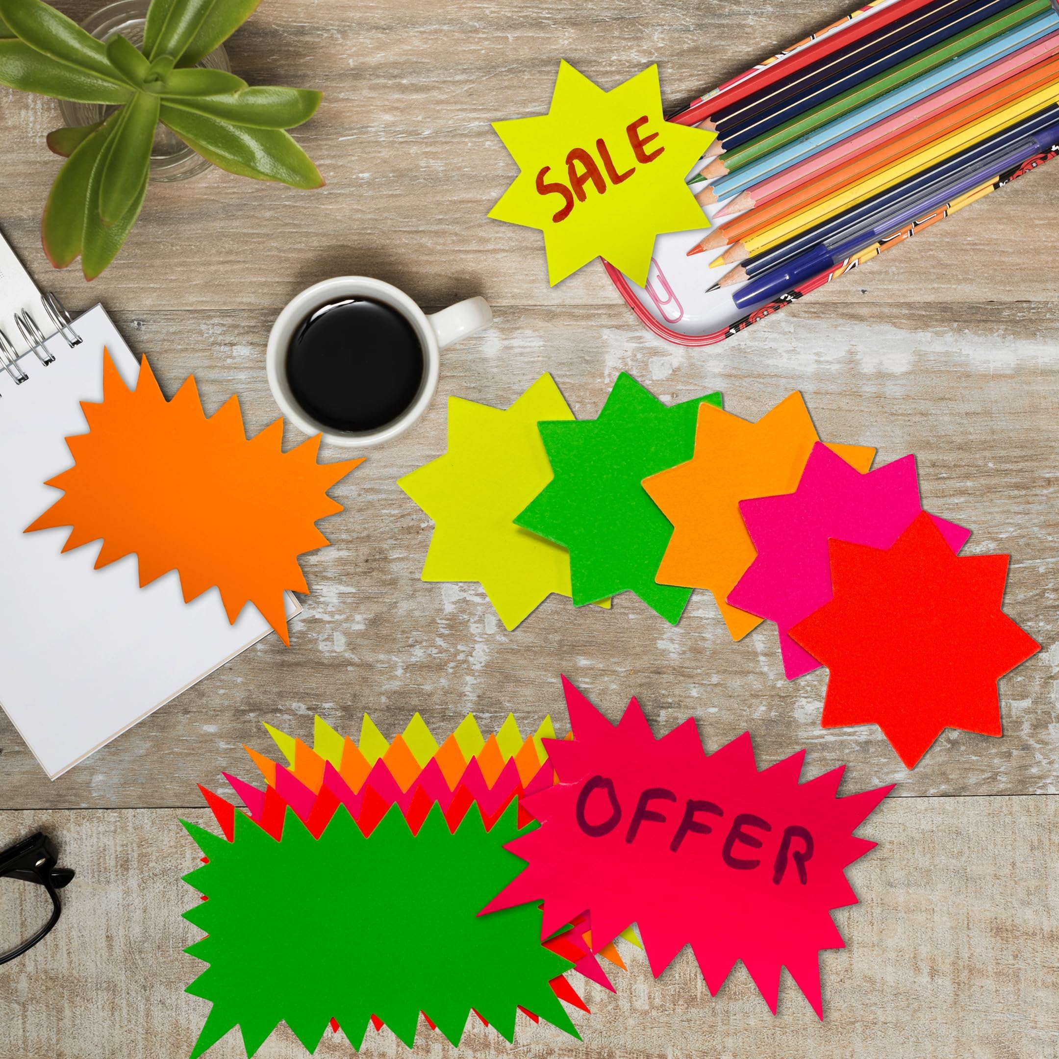 Janrax Neon Fluorescent Star Labels - Assorted Colours, 100 x 100mm | Pack of 40 7