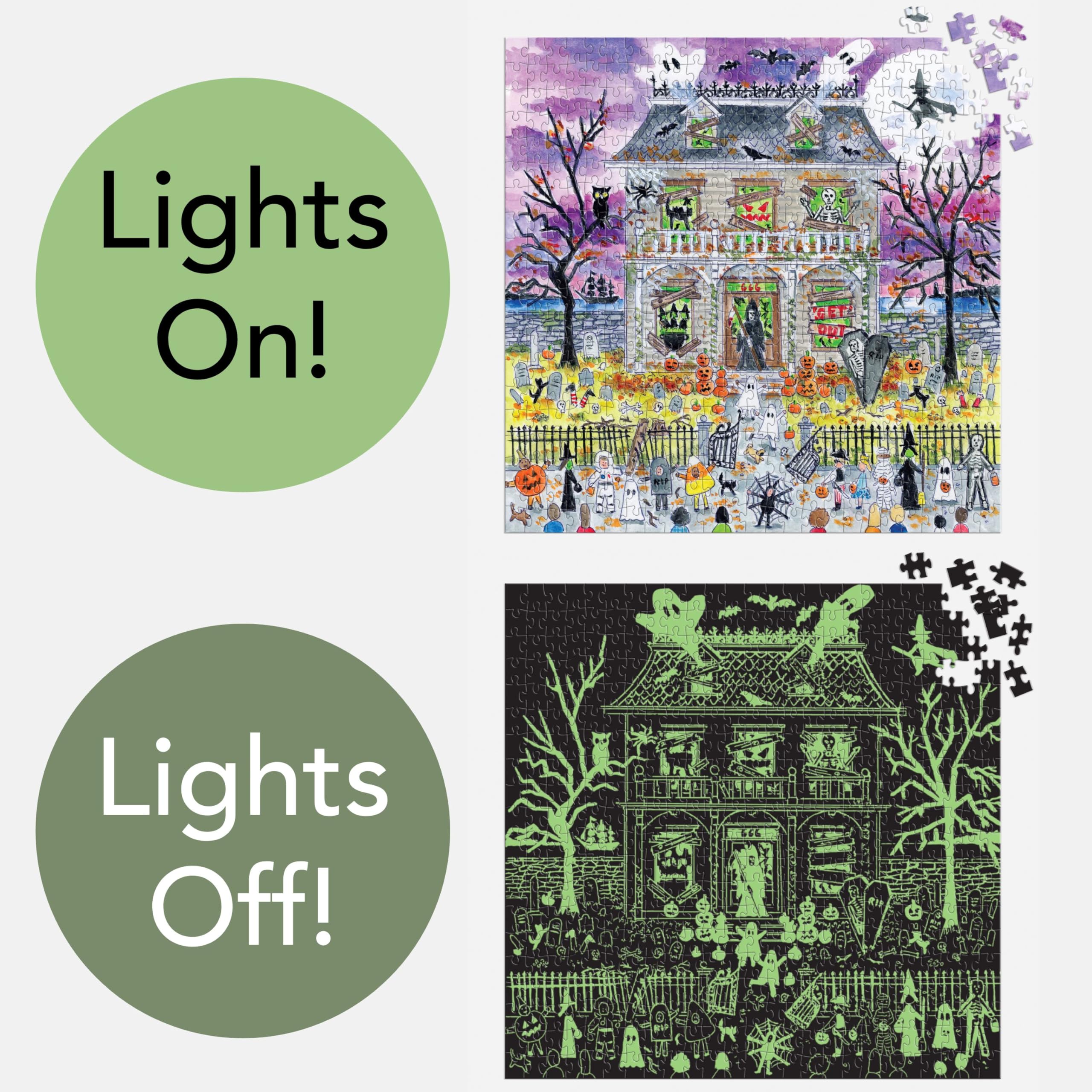 Galison Haunted House - 500 Piece Glow in the Dark Jigsaw Puzzle for Adults & Kids 6