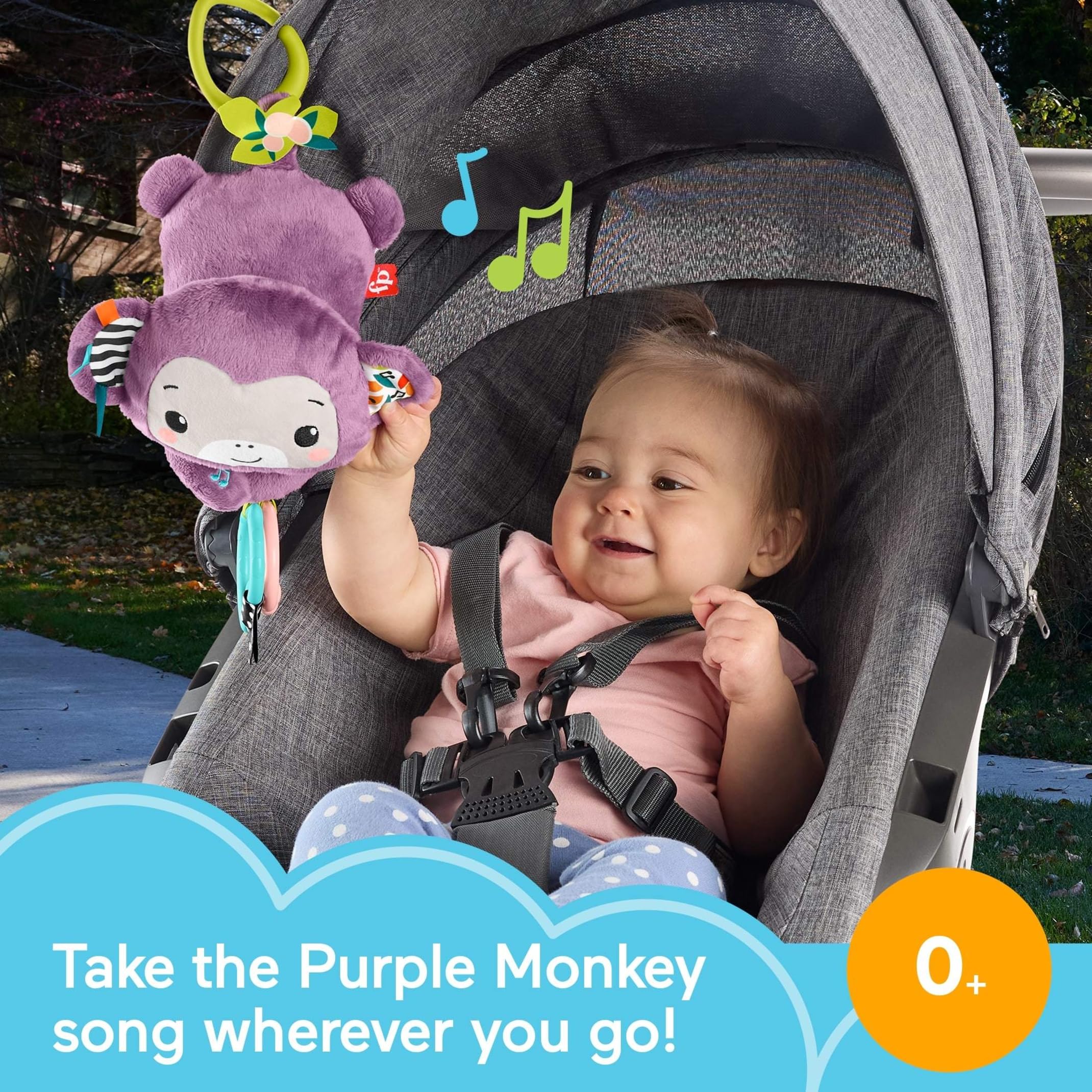 Fisher-Price Sing & Go Purple Monkey Stroller Toy - Musical Sensory Toy for Newborns 8