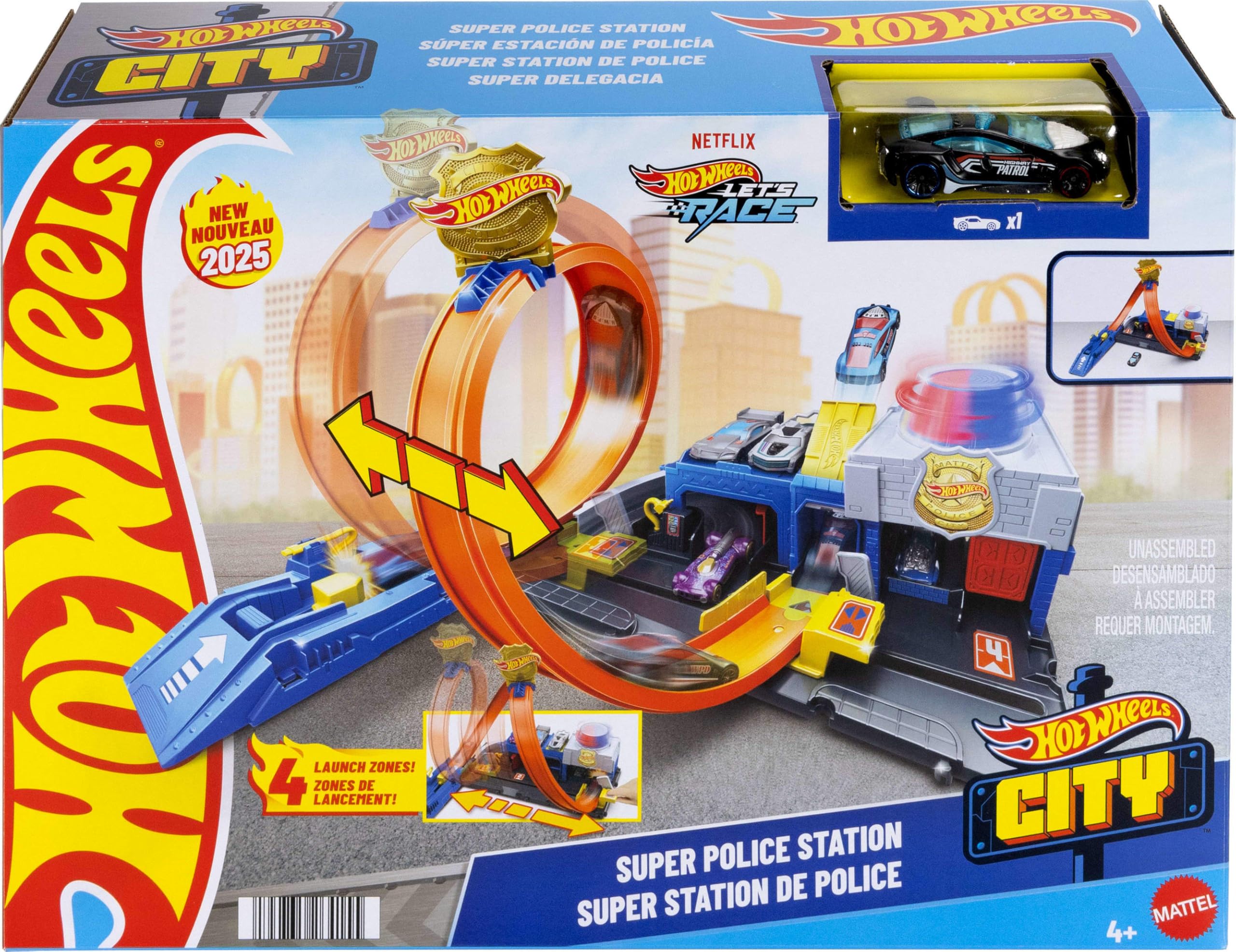Hot Wheels Super Police Station Playset - 1:64 Scale Track Set with 4-Lane Stunt Racing for Kids 6