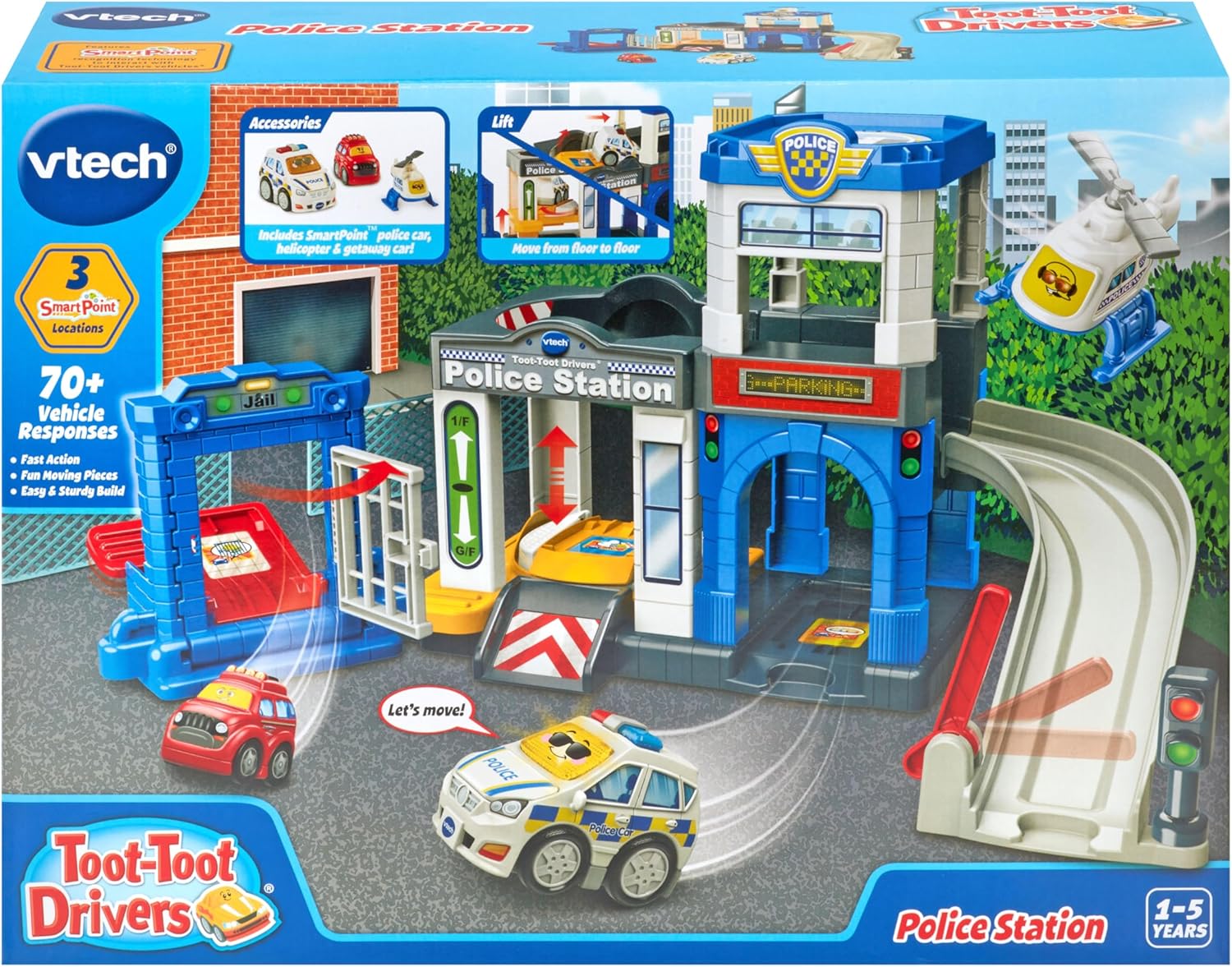 VTech Toot-Toot Drivers Police Station Playset - Interactive Vehicle Playset with Police Car, Helicopter & Jailbreak Features 4