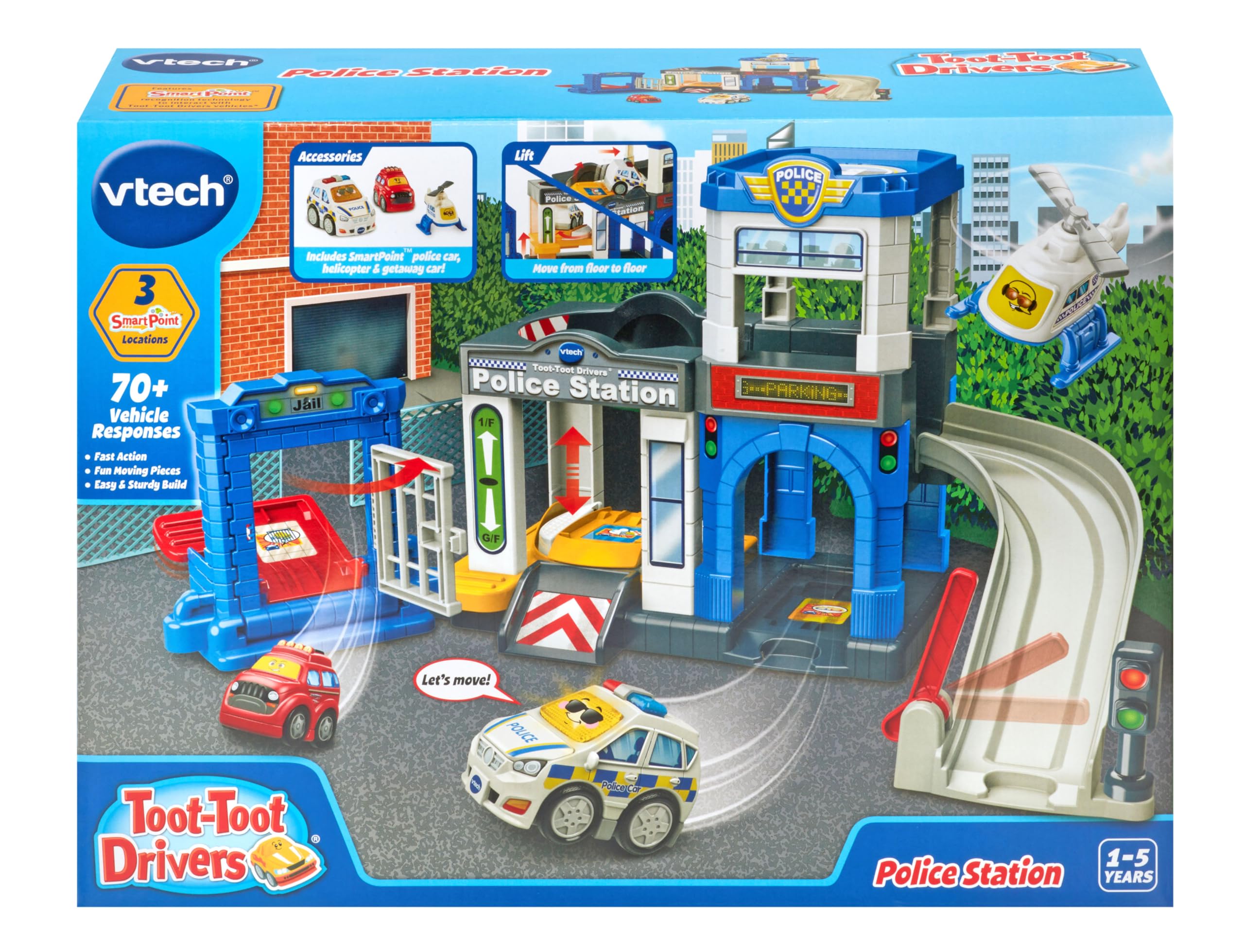 VTech Toot-Toot Drivers Police Station Playset - Interactive Vehicle Playset with Police Car, Helicopter & Jailbreak Features 5
