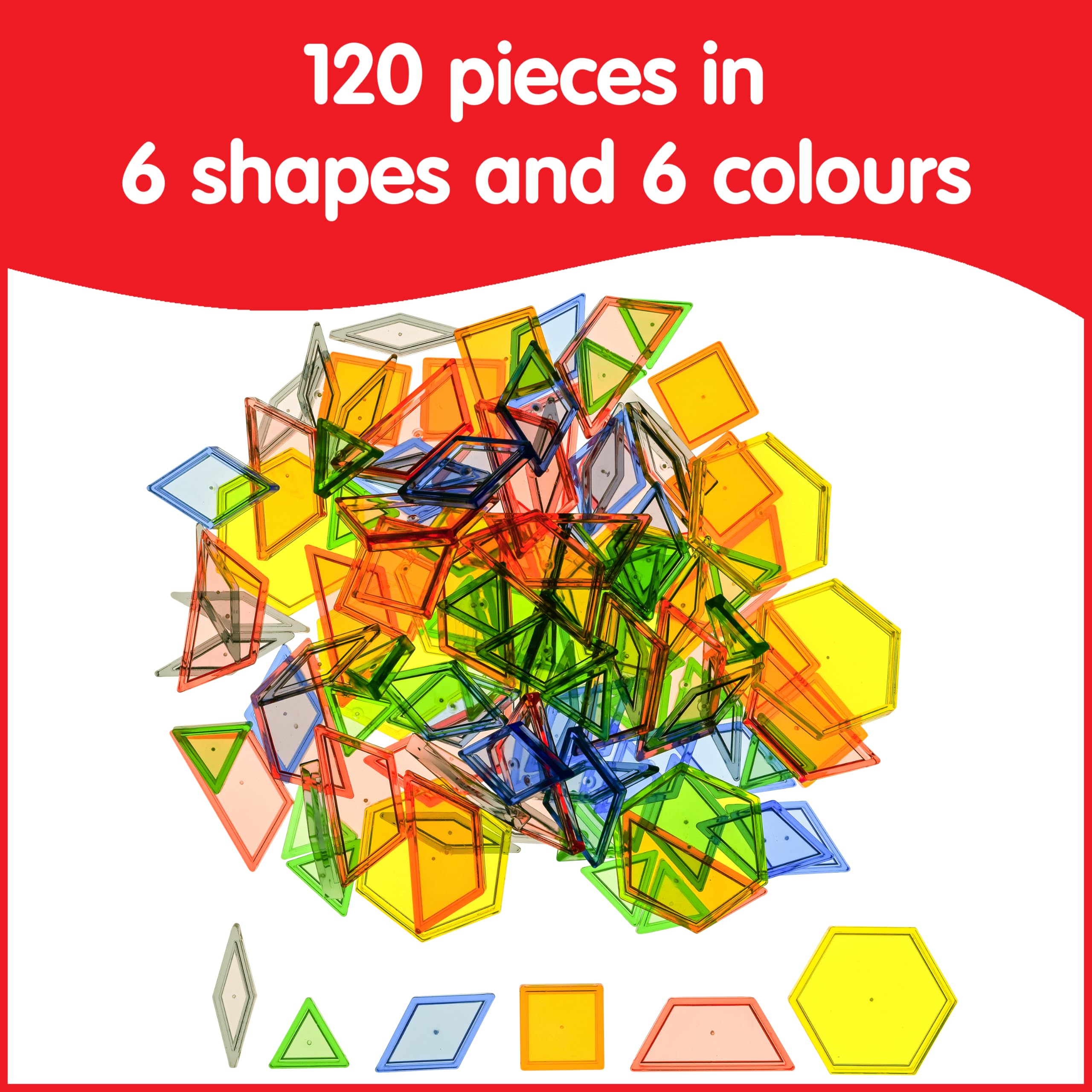edxeducation Plastic Transparent Pattern Blocks Set - 120 Pieces | Light & Color Exploration | Non-Toxic 3