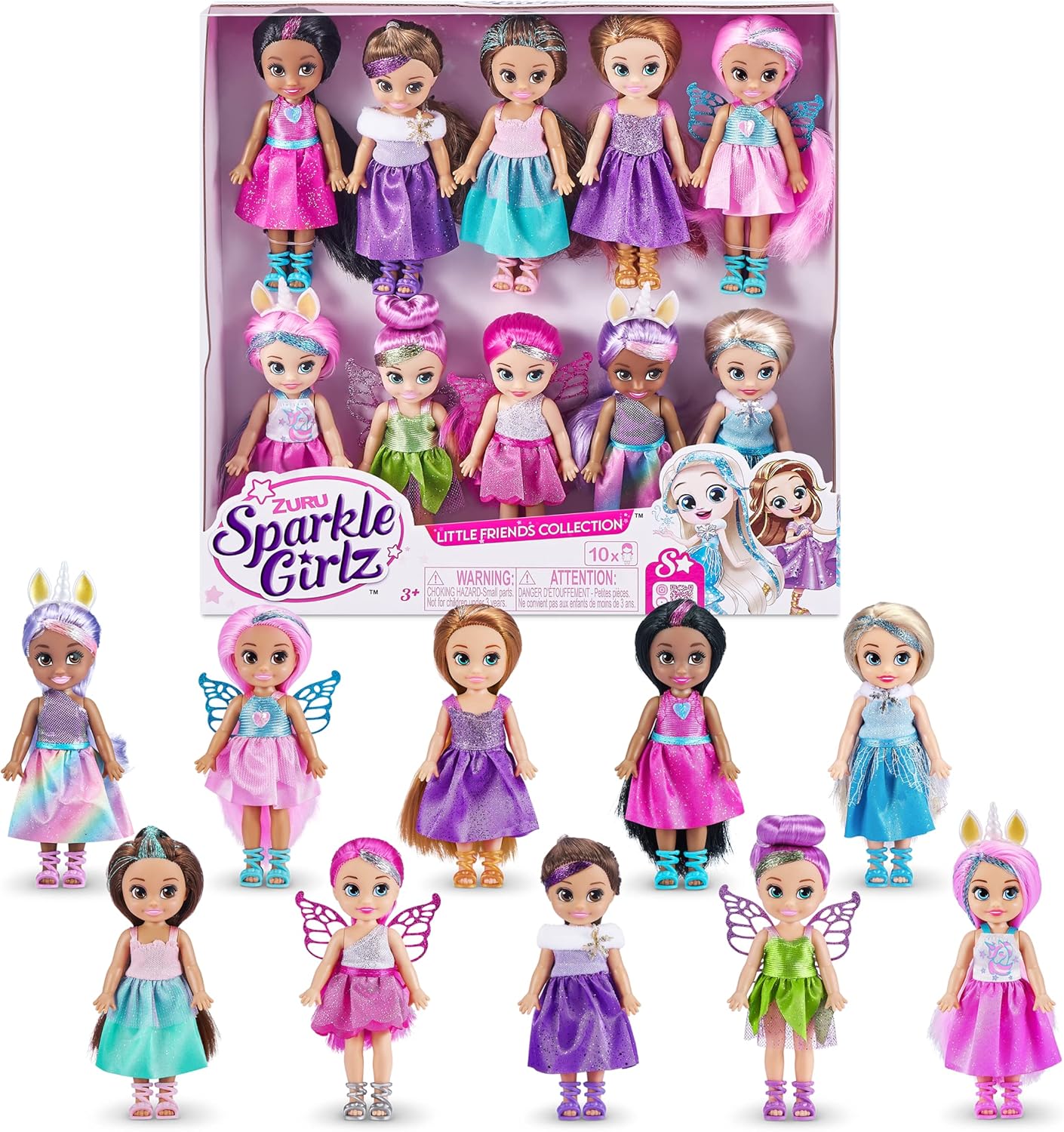 ZURU Sparkle Girlz Fantasy Little Friends Set of 10 Dolls - Sparkly Outfits & Brushable Hair