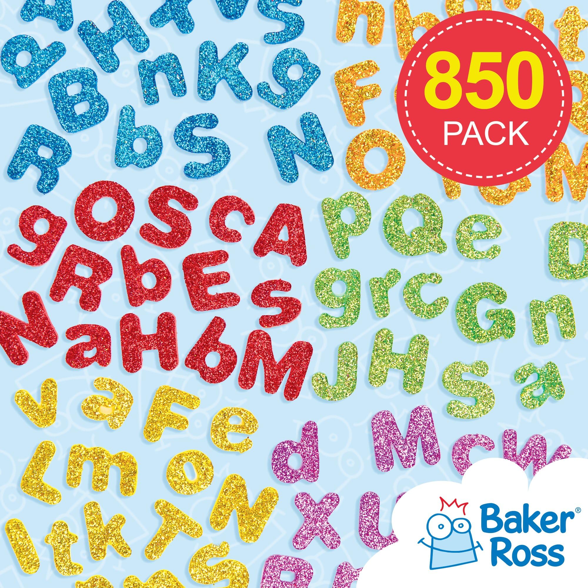 Baker Ross EX594 Glitter Letter Puffy Stickers - 850 Pack Self Adhesive Foam Shapes for Scrapbooking | 1cm-1.5cm 2