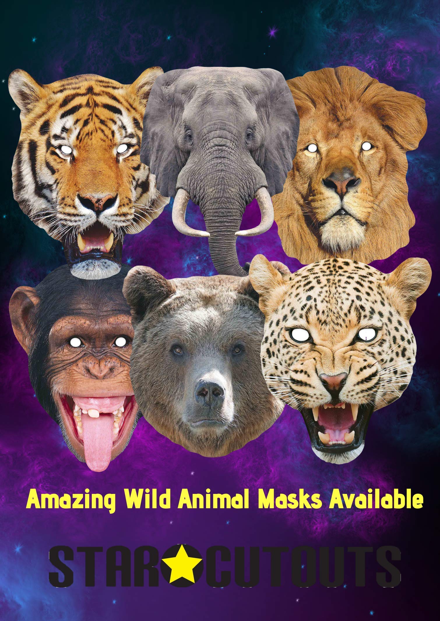 STAR CUTOUTS Animal Cardboard Face Mask Pack - Lion, Tiger, Bear, Chimpanzee, Elephant, Leopard | Pack of Six