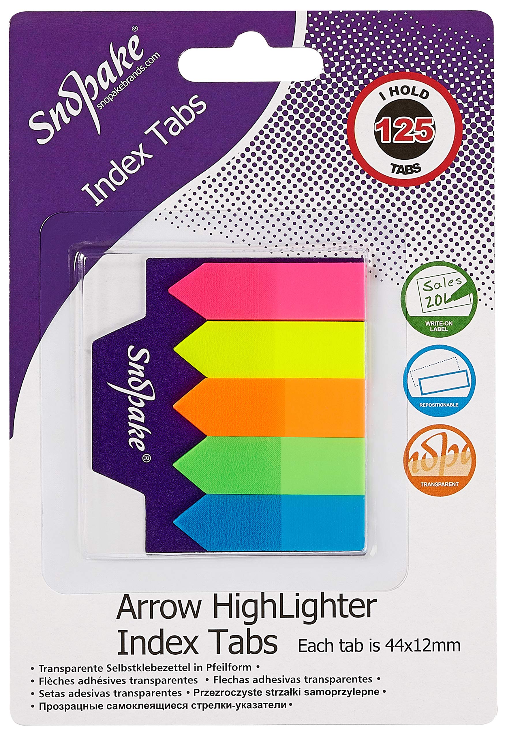 Snopake Transparent Arrow Index Tab Highlighters - 125 Tabs, 44 x 12mm | Assorted Colors 1