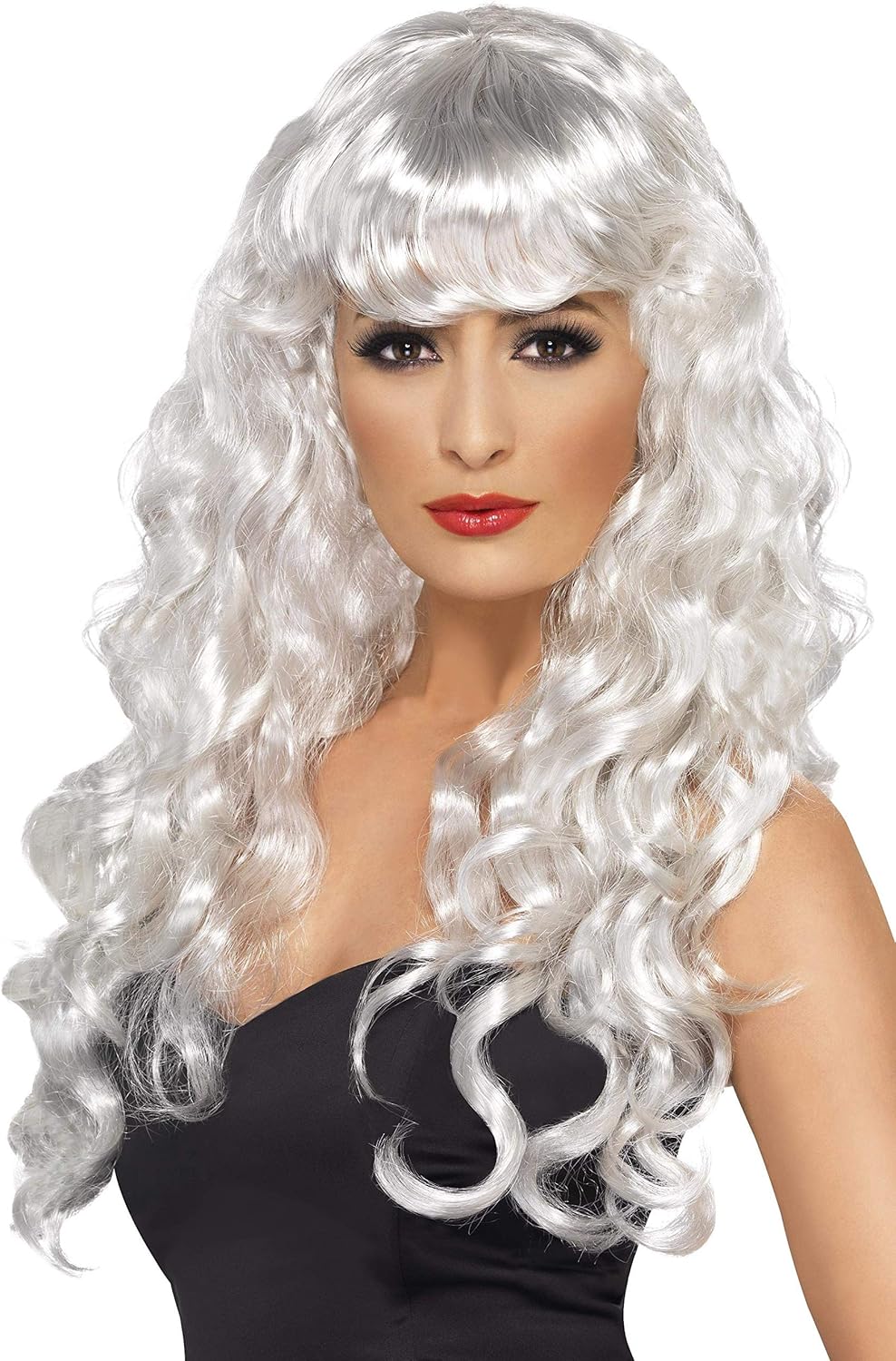 Smiffys Siren Wig - White Long Curly with Fringe, One Size
