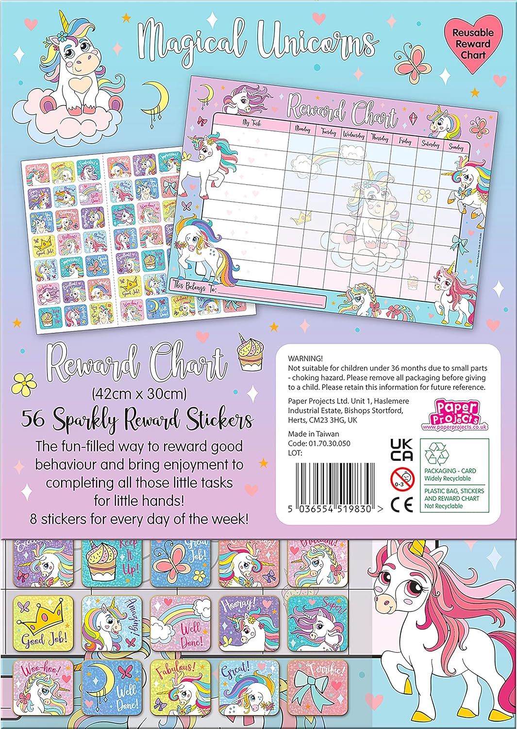 Magical Unicorns Reusable Reward Chart - 56 Sparkly Foil Stickers for Kids 3+ 5