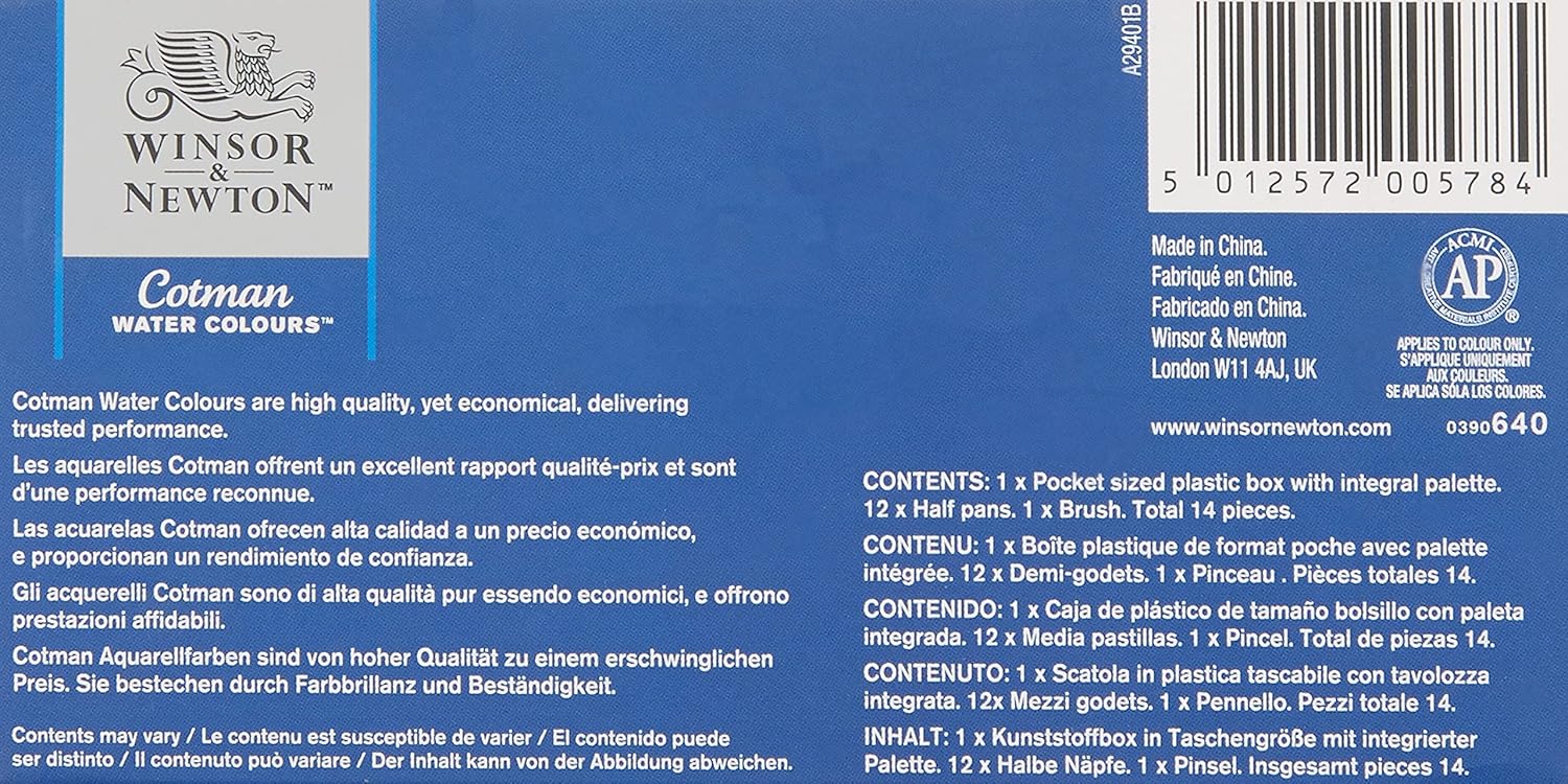 Winsor & Newton Cotman Watercolour Paint Set - Sketchers Pocket Box with 12 Half Pans and Travel Brush 12