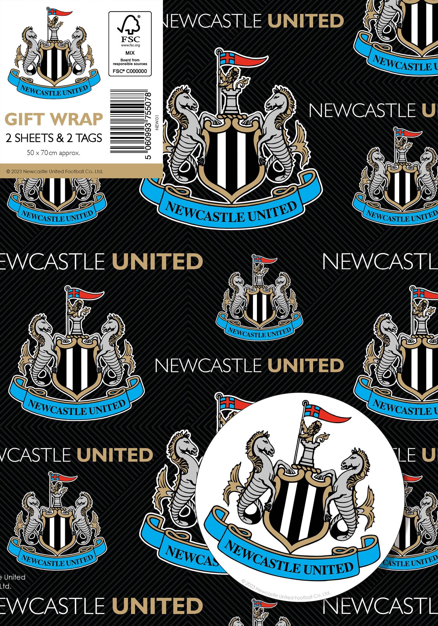 Danilo Promotions LTD Newcastle United FC Wrapping Paper - 2 Sheets & 2 Tags | 70cm x 50cm