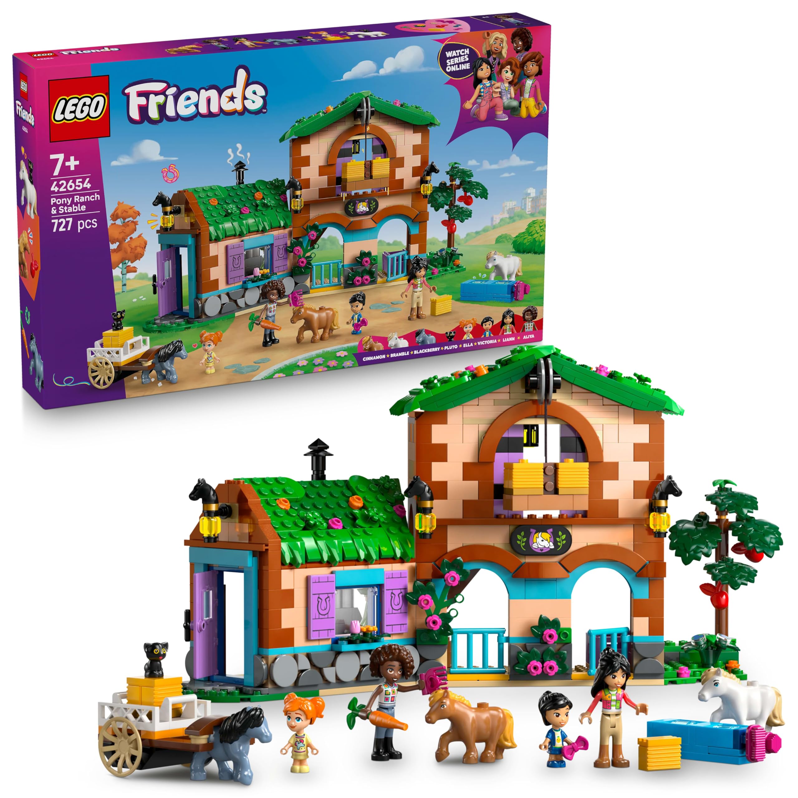 LEGO Friends Pony Ranch & Stable Toy - Building Set with 4 Mini Dolls, 3 Ponies, Cat Figure & Cart for Kids 7+ 9