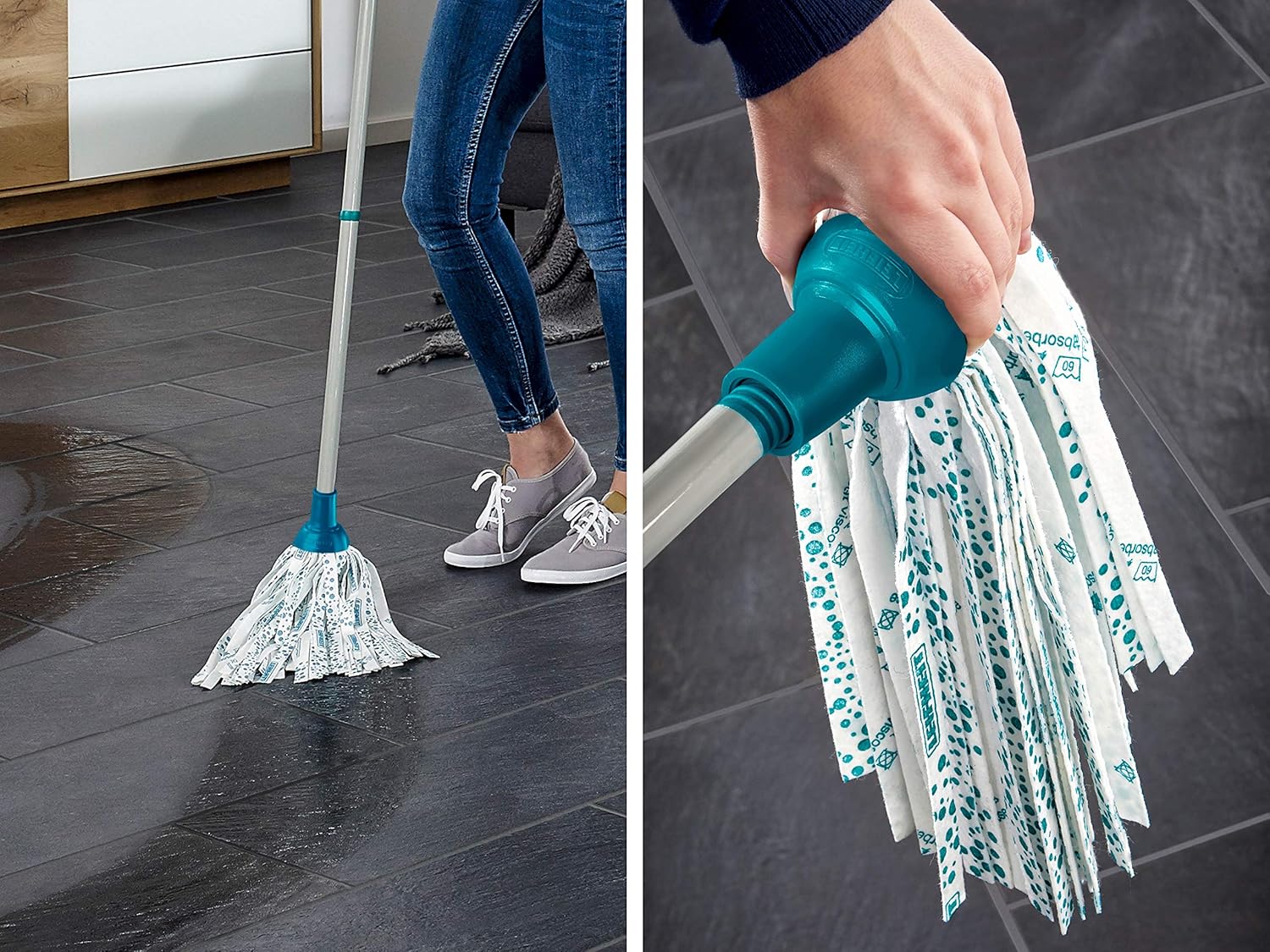 Leifheit Classic Mop and Bucket Set - 12L with Wringer, 120cm Steel Handle, Washable Viscose Mop Head