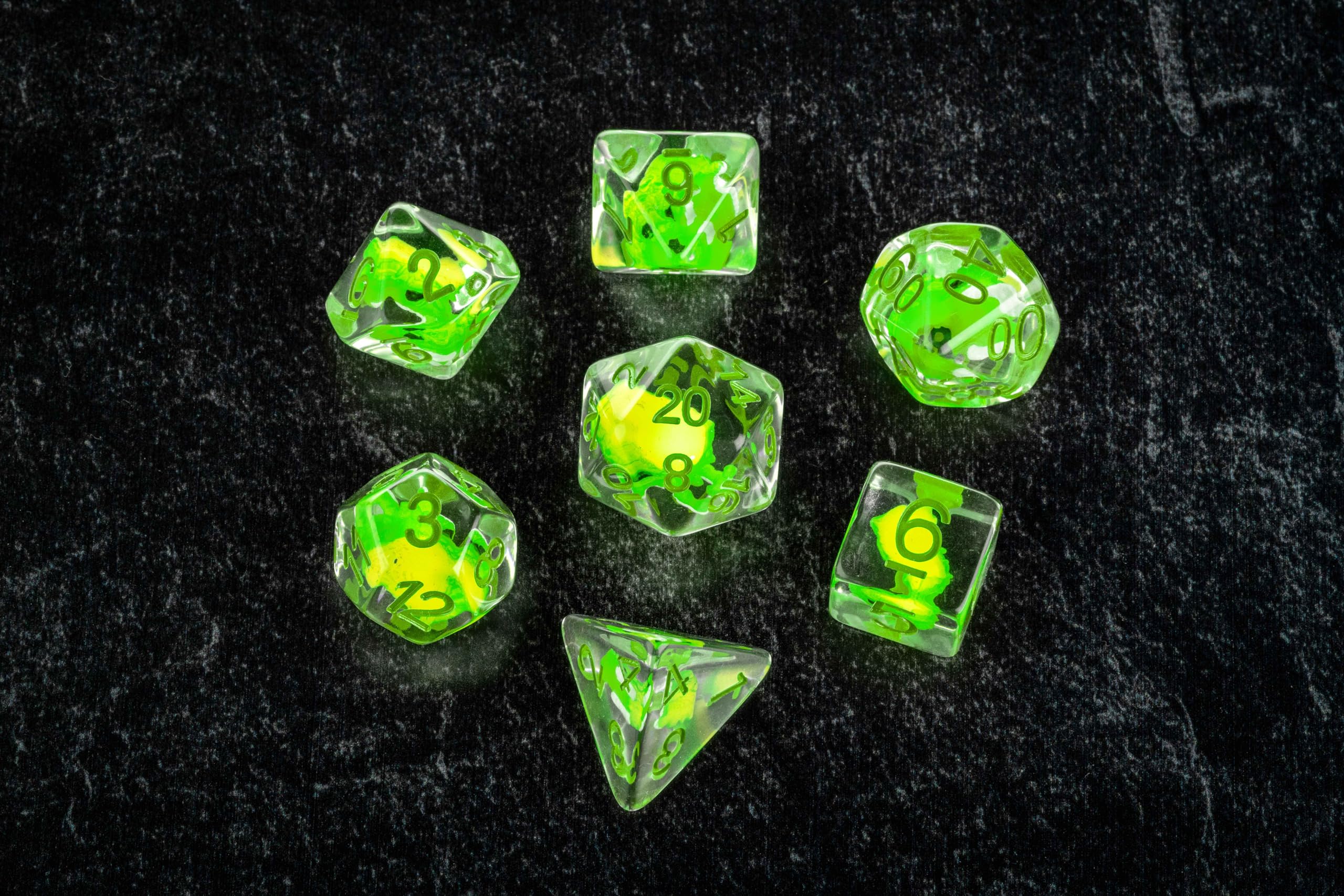 Metallic Dice Games Dragon Storm Inclusion Resin Dice Set - Green Dragon | 7-Piece Set