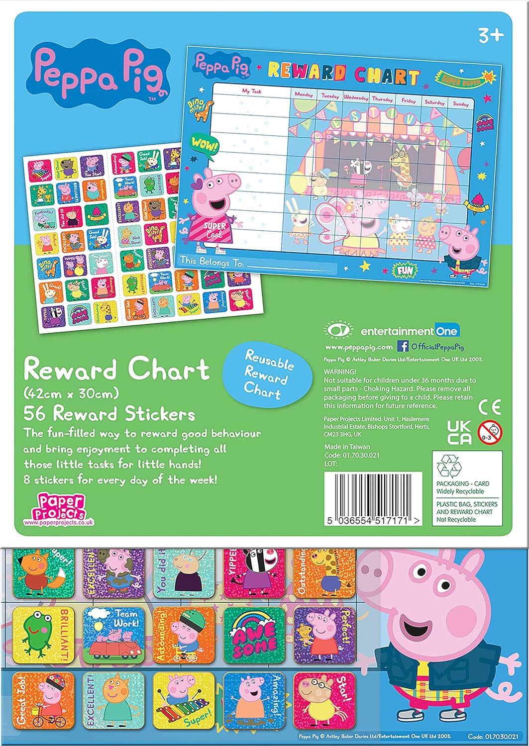Peppa Pig Reward Chart and 56 Sparkly Stickers - Reusable Foil Stickers for Kids Ages 3+ 4