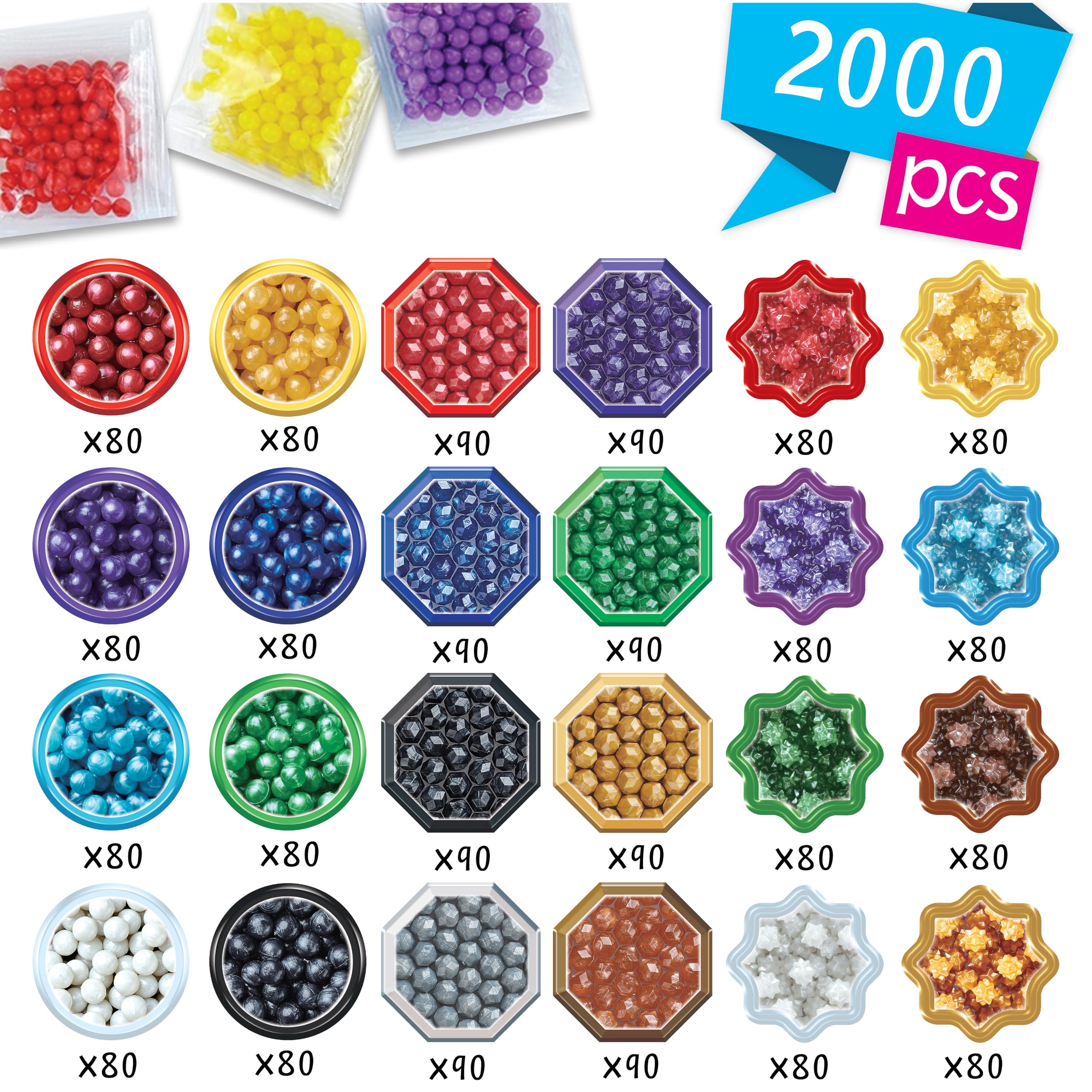 Aquabeads Shiny Bead Pack Refill - 2000 Beads in 24 Colors (Solid, Polygon, Star) | Ages 4+ 3