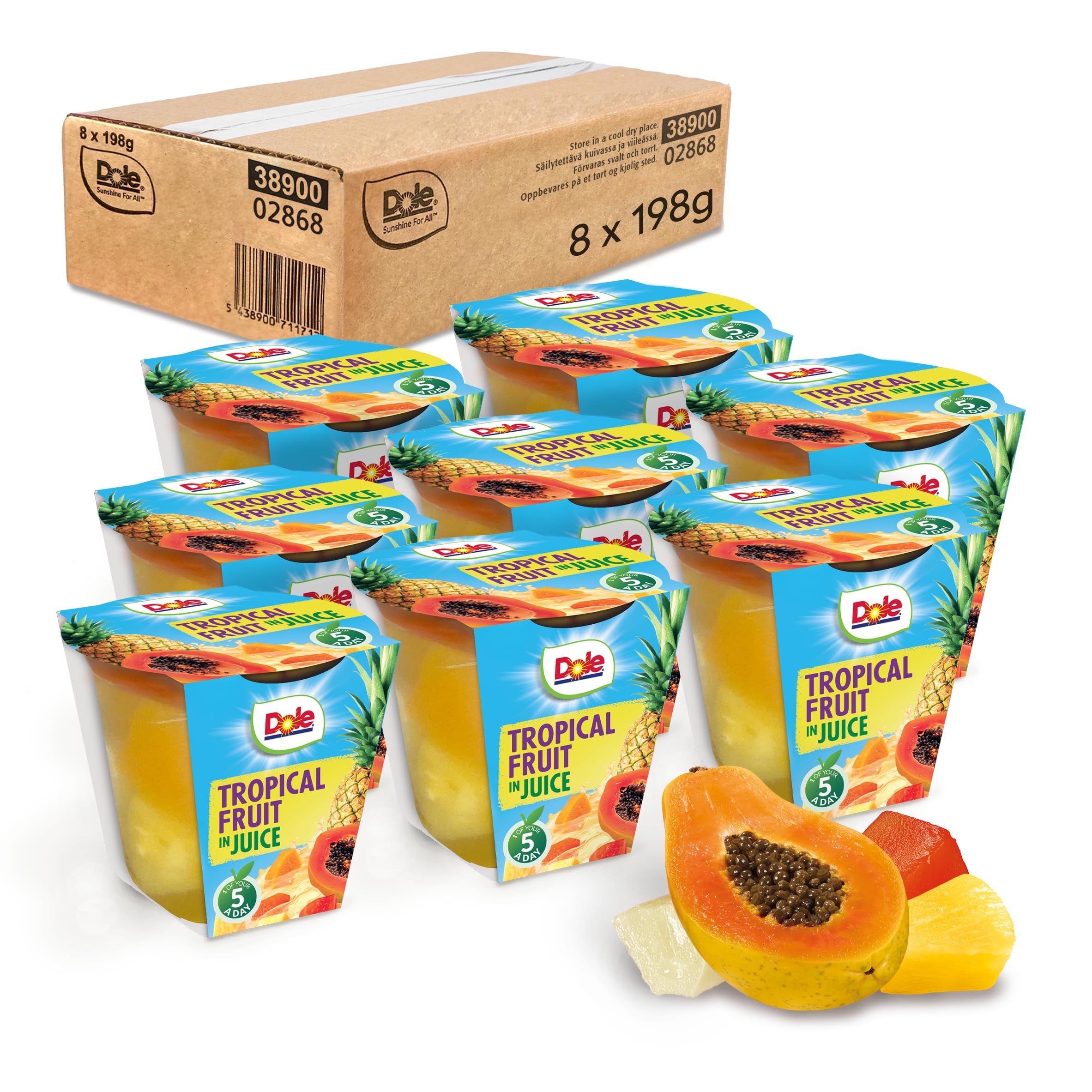 Dole Tropical Fruit in Juice Pots - 8 Pack Assorted Fruits, 198g Each | No Added Sugar