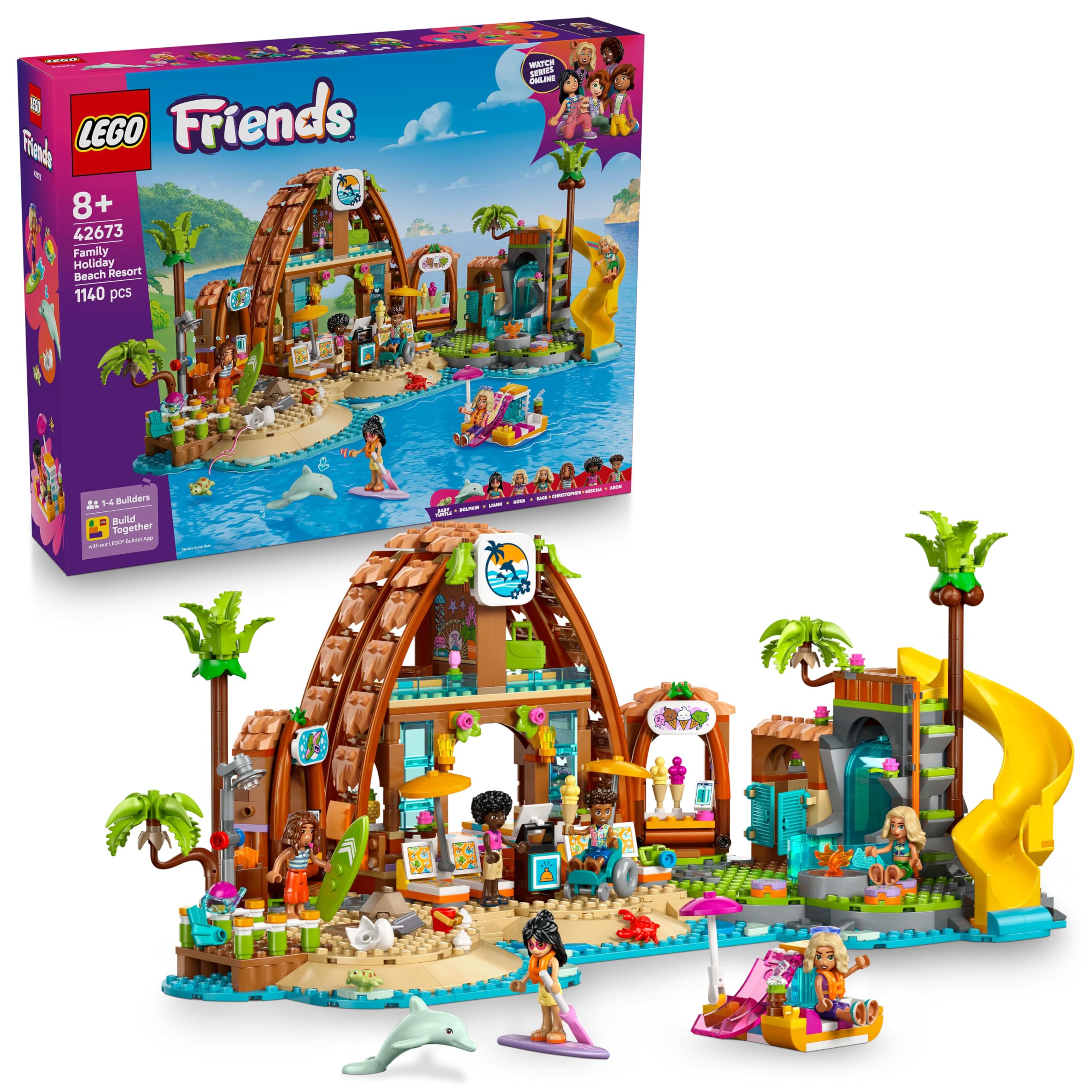 LEGO Friends Family Holiday Beach Resort Toy - 1140-Piece Playset with 6 Mini Dolls & Turtle Figure