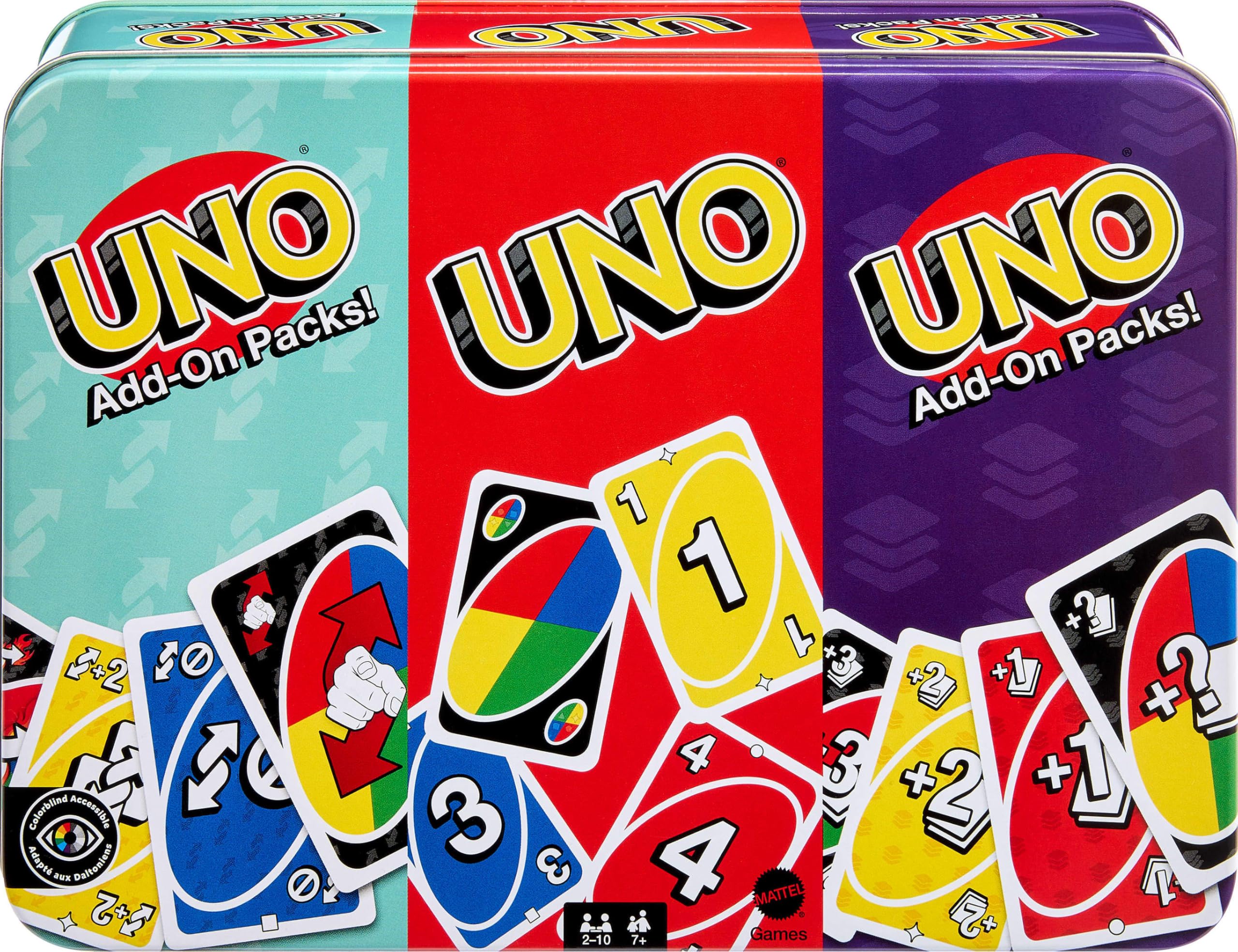 Mattel Games UNO Card Game with 2 Add On Packs in Collectible Tin