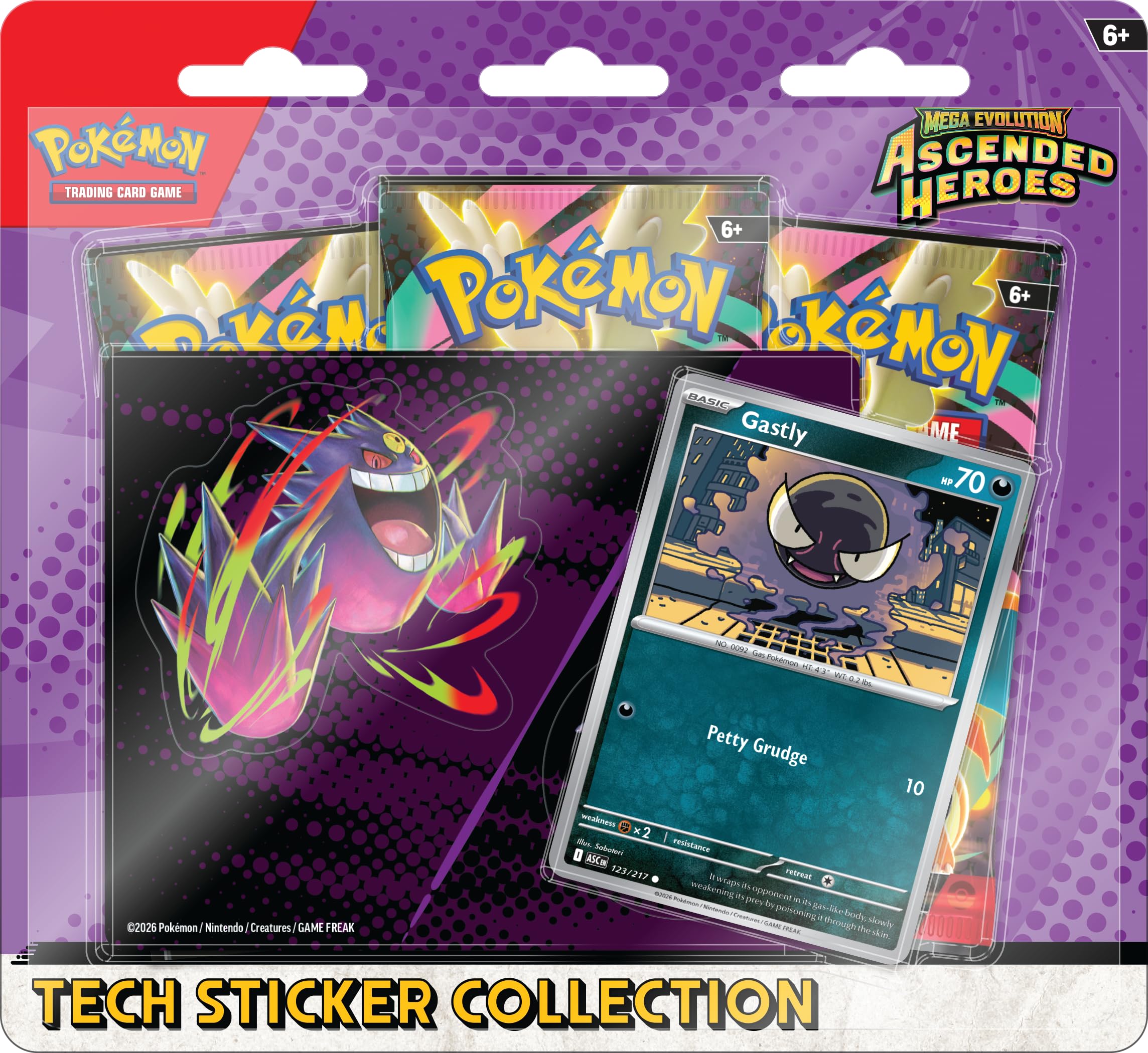 Pokémon TCG: Mega Evolution—Ascended Heroes Tech Sticker Collection - Gastly | 3 Booster Packs | Ages 6+