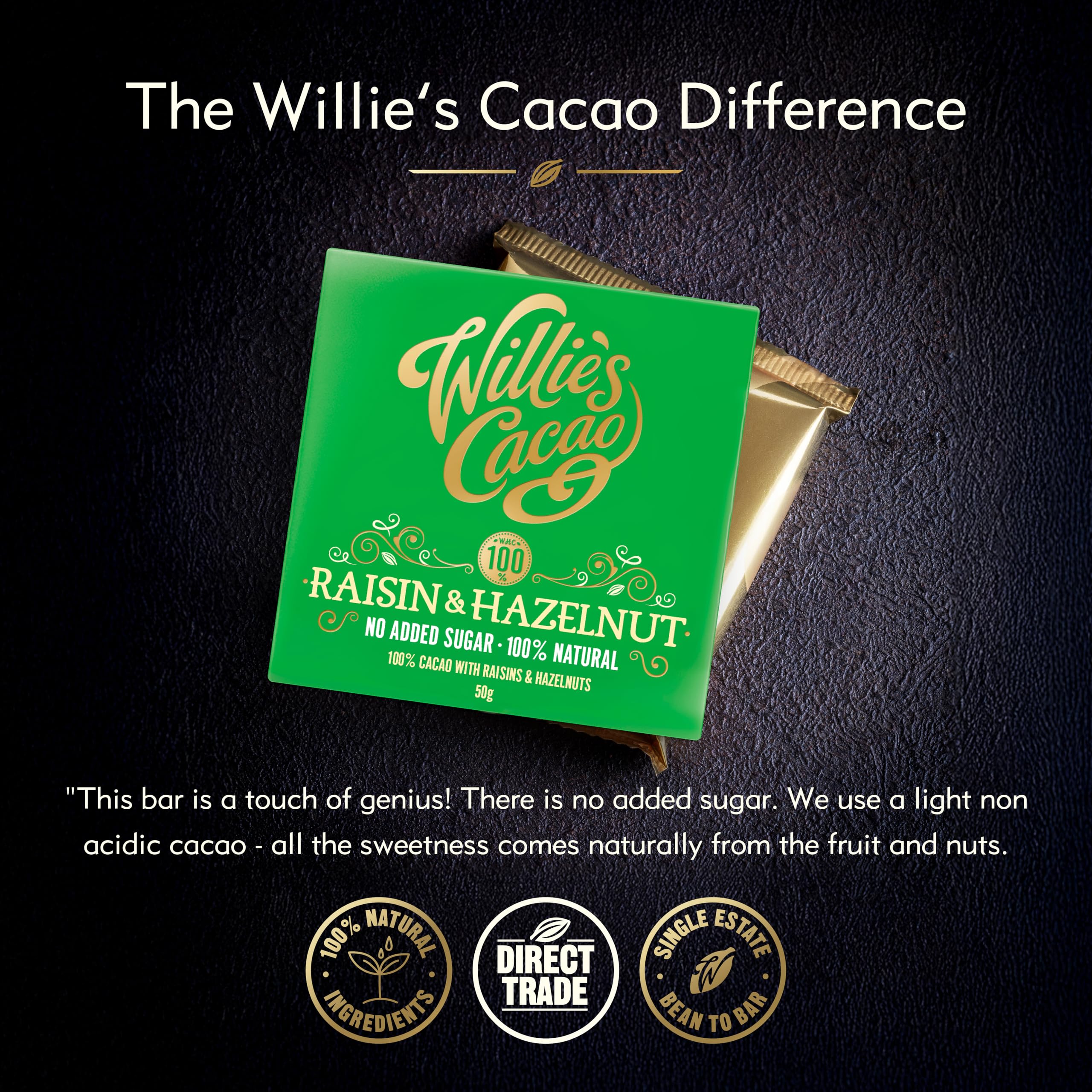 Willie's Cacao - 100% Cocoa with Hazelnut & Raisin - No Added Sugar Chocolate Bar 4