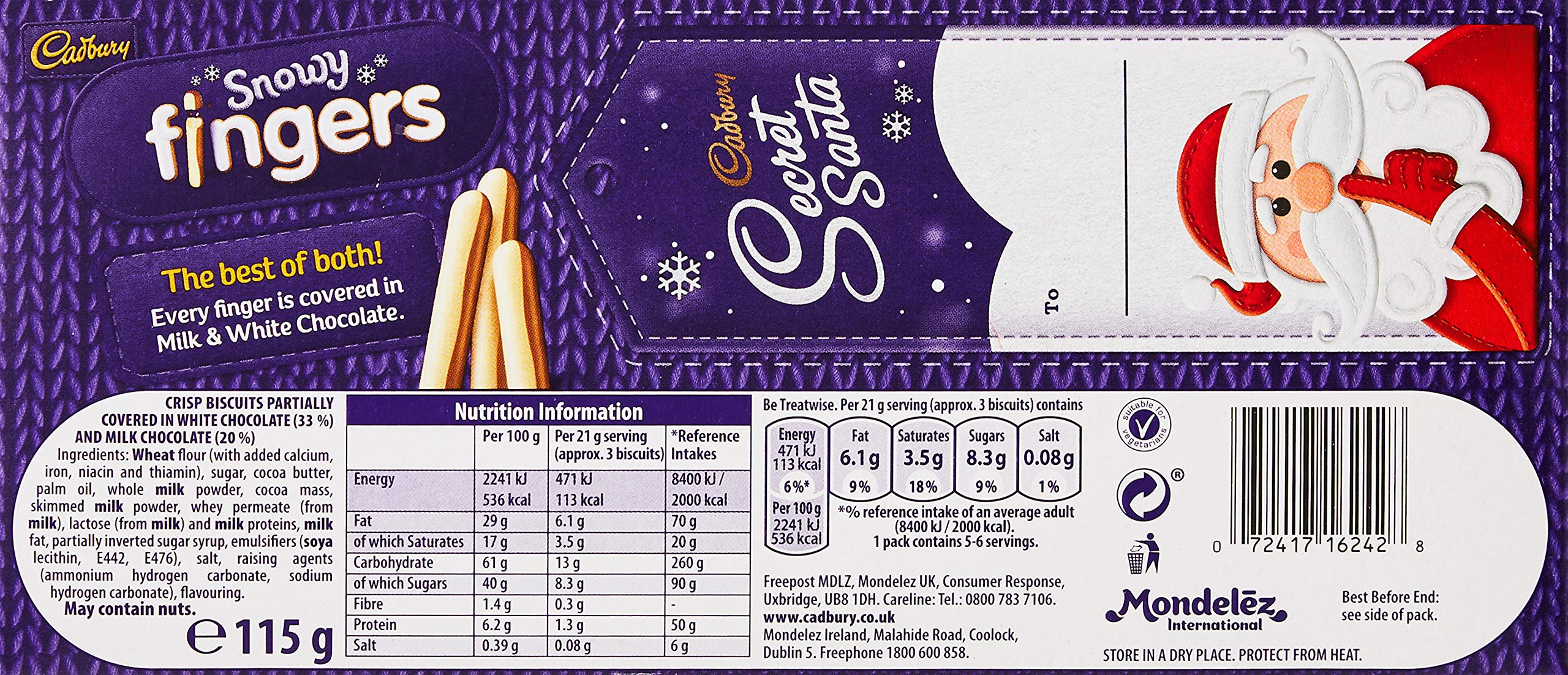 Cadbury Snowy Fingers Limited Edition Chocolate Biscuits, 115g