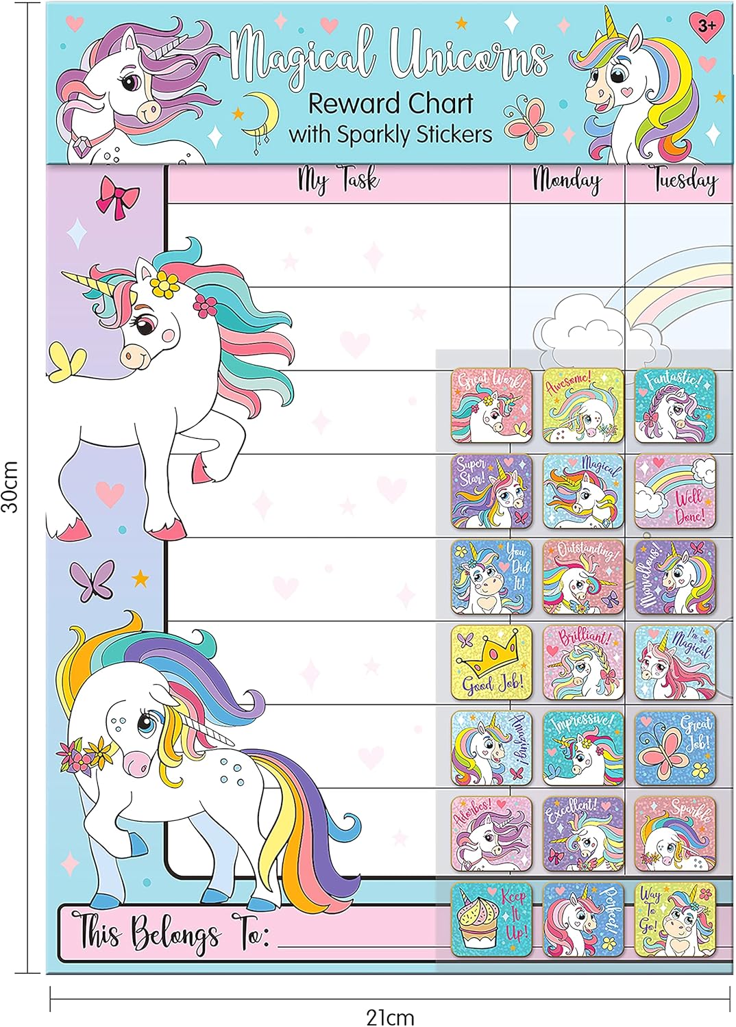 Magical Unicorns Reusable Reward Chart - 56 Sparkly Foil Stickers for Kids 3+ 6