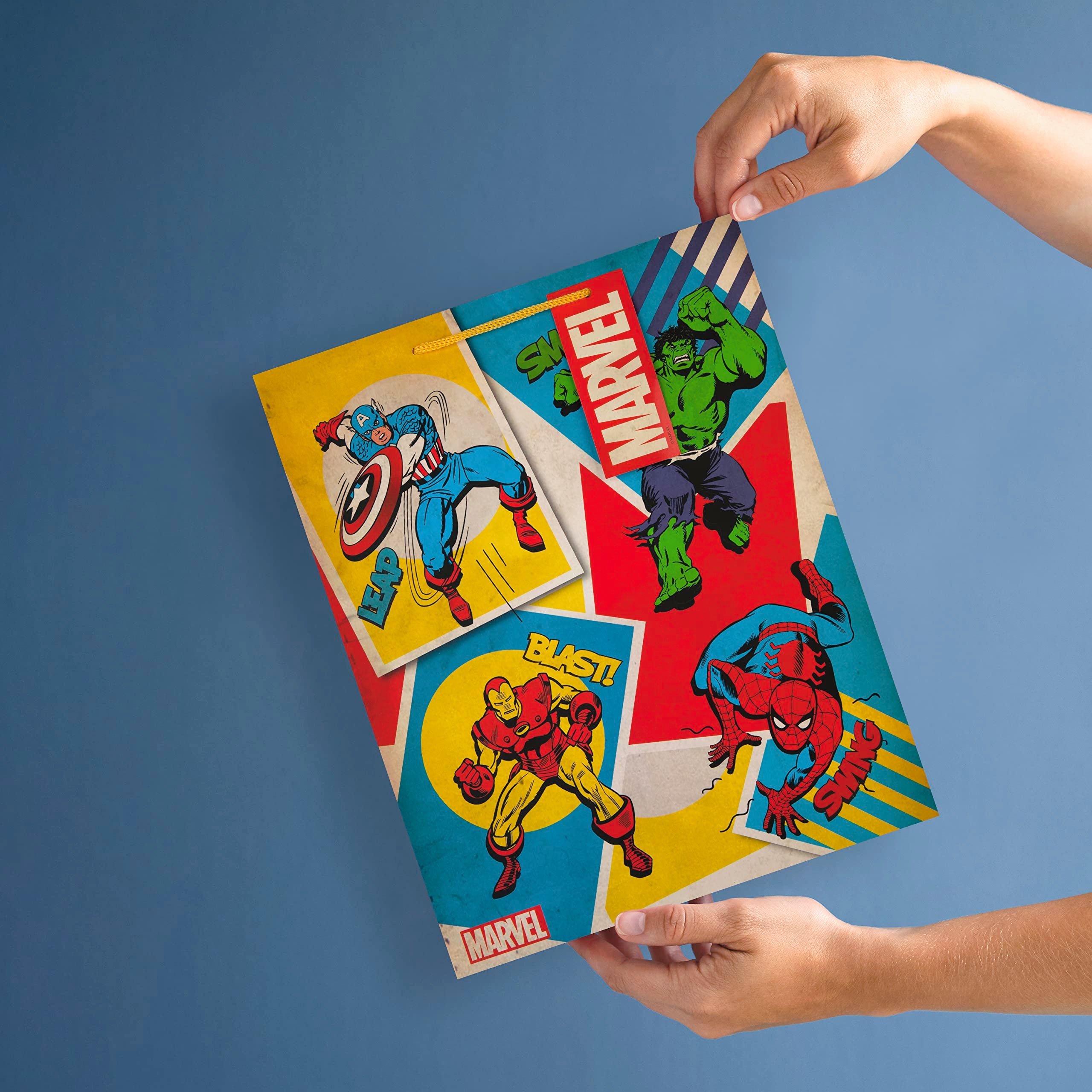Hallmark Large Marvel Avengers Gift Bag with Tag | Yellow Cord Handles | 33cm x 26.5cm x 14.6cm 2