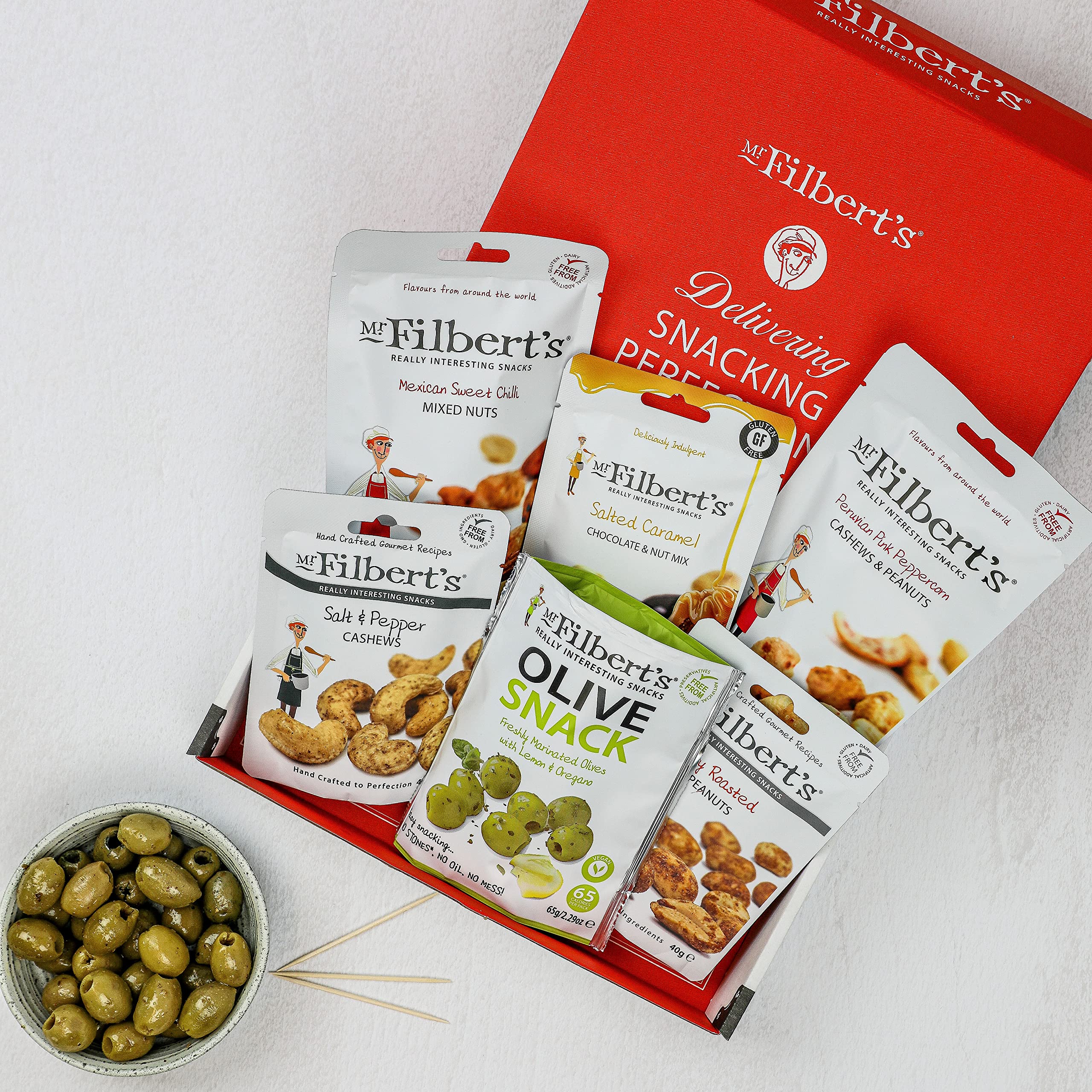 Mr Filbert's Snack Selection - Assorted Nuts and Olives - 6 Pack Gourmet Gift 6