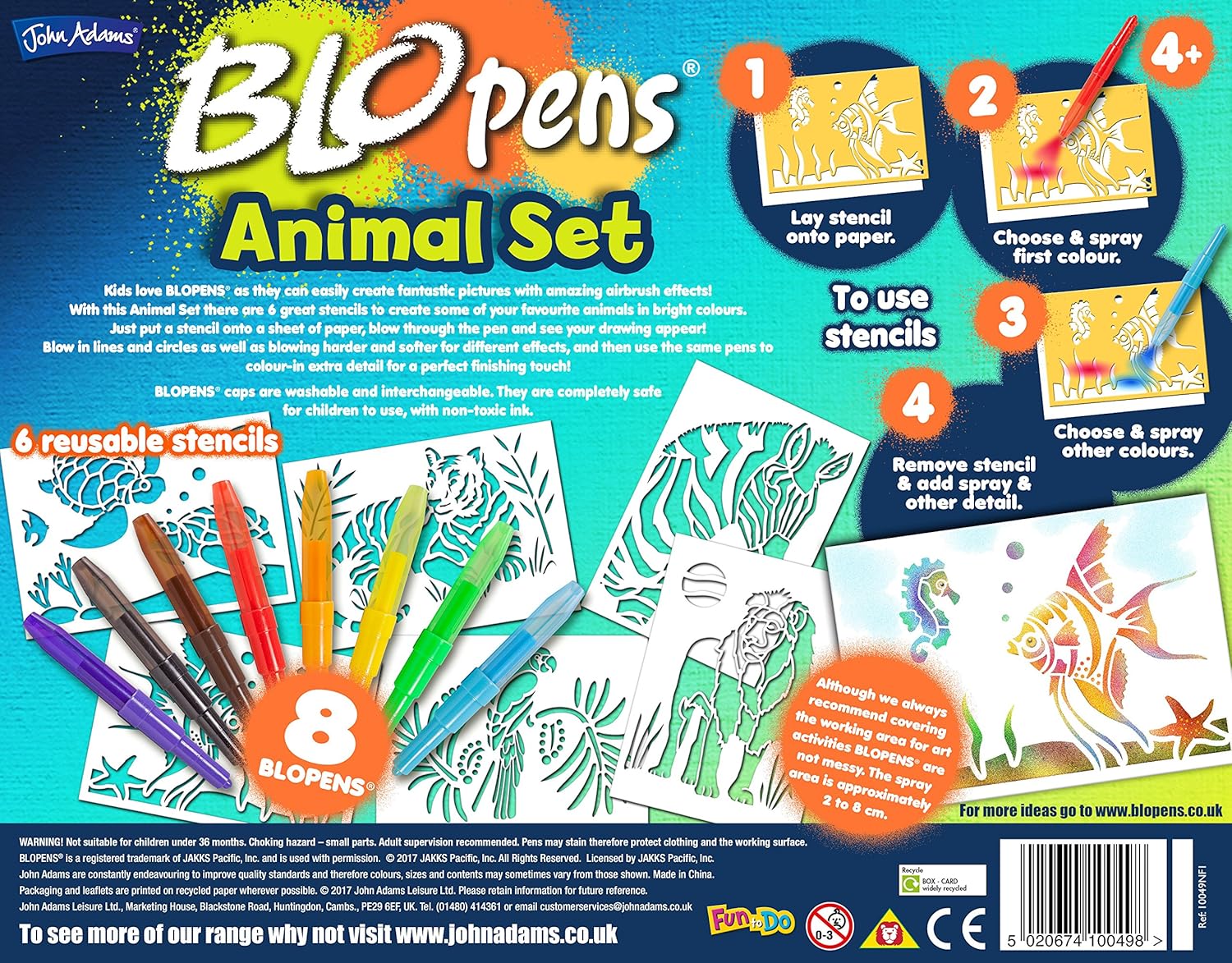 John Adams BLOPENS Animal Activity Set - 8 Colors & 6 Reusable Stencils for Airbrush Drawing 7