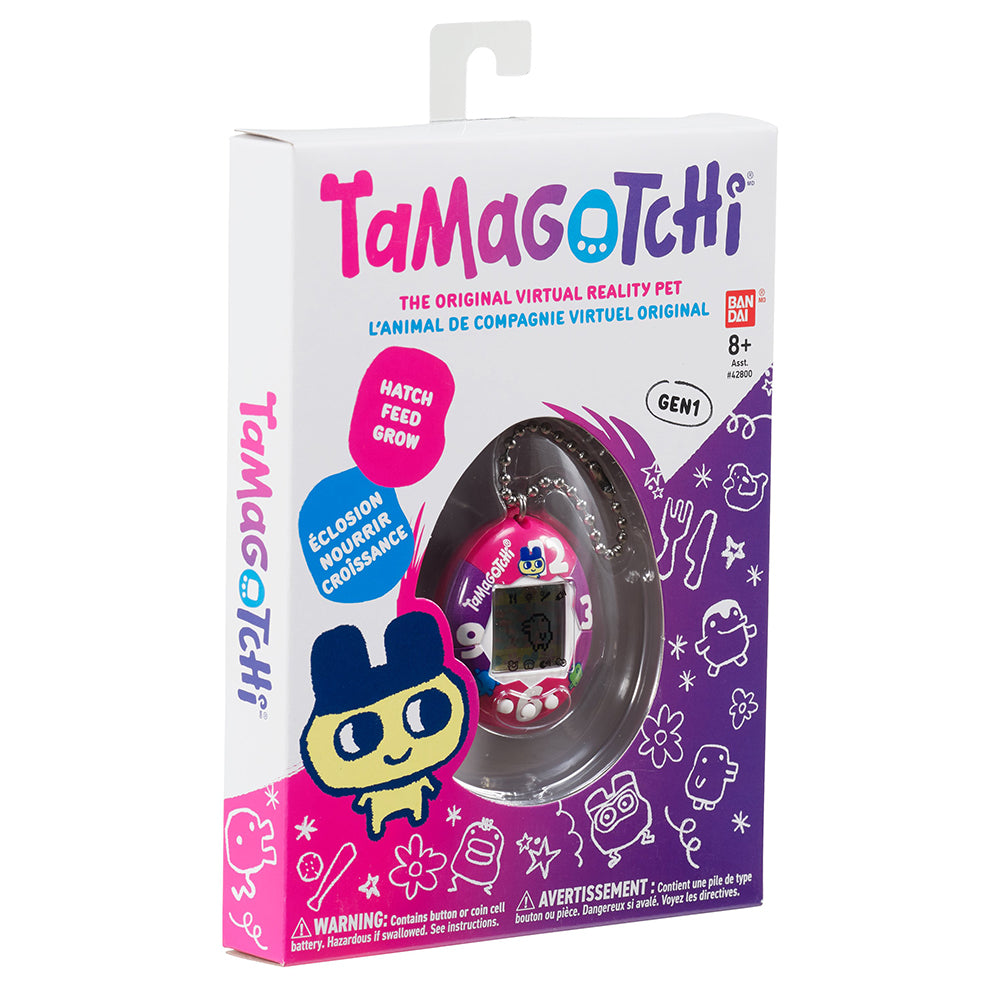 Bandai Tamagotchi Original - "Purple-Pink Clock" Shell with Chain - The Original Virtual Reality Pet - Watch Your Character Grow and Play Games - Retro 90s Toy Keychain