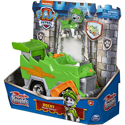 PAW PATROL 6063588, Rescue Knights Rocky Transforming Car mit Actionfigur zum Sammeln