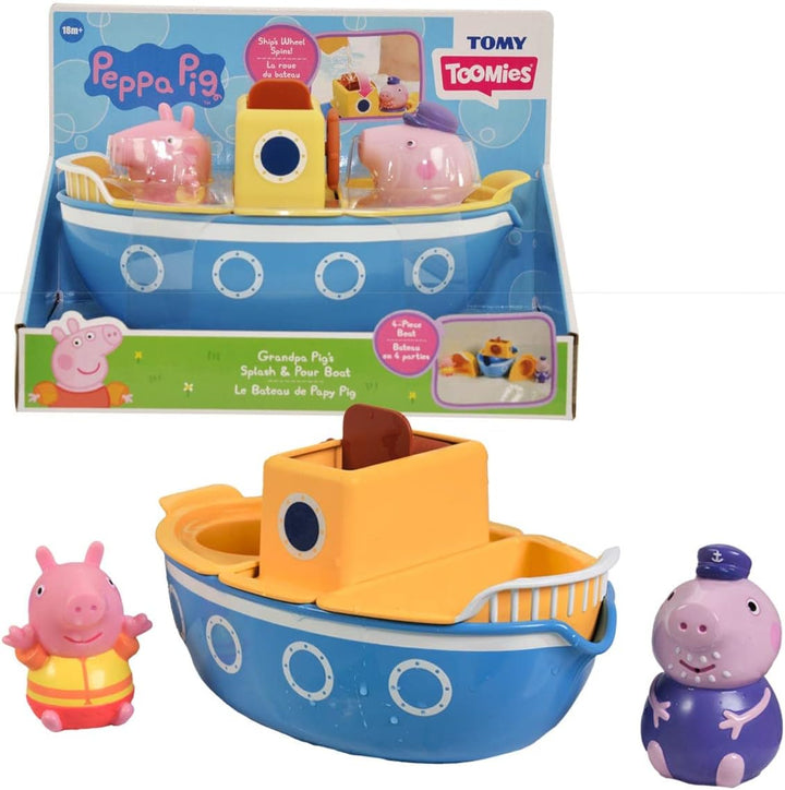 TOMY E73414 Toomies Opa Pig's Splash &amp; Pour Boot – 4-teiliges Badezeit-Peppa-Remo