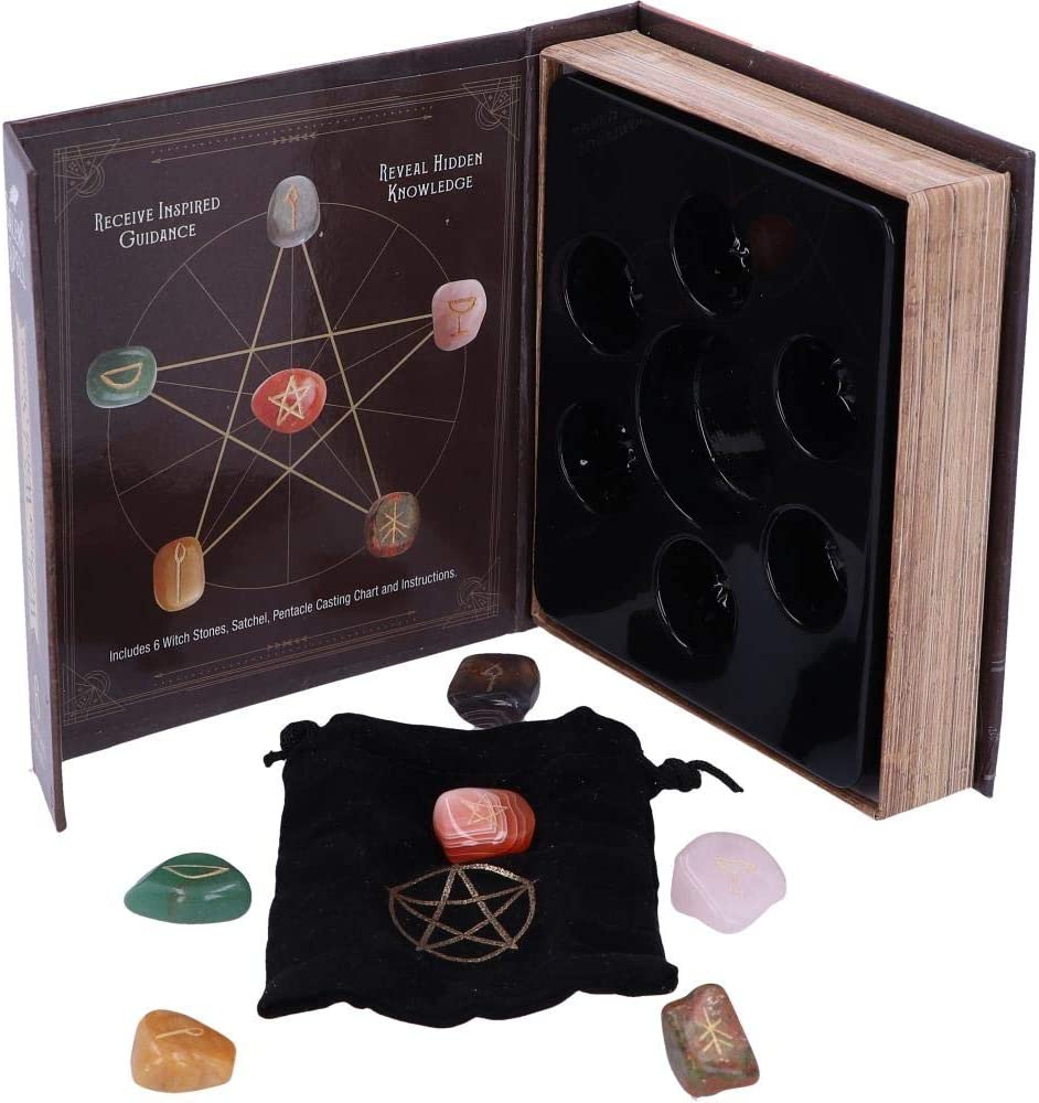 Nemesis Now Salem's Spell Kit Set mit sechs Hexen-Wellnesssteinen in verziertem Bo
