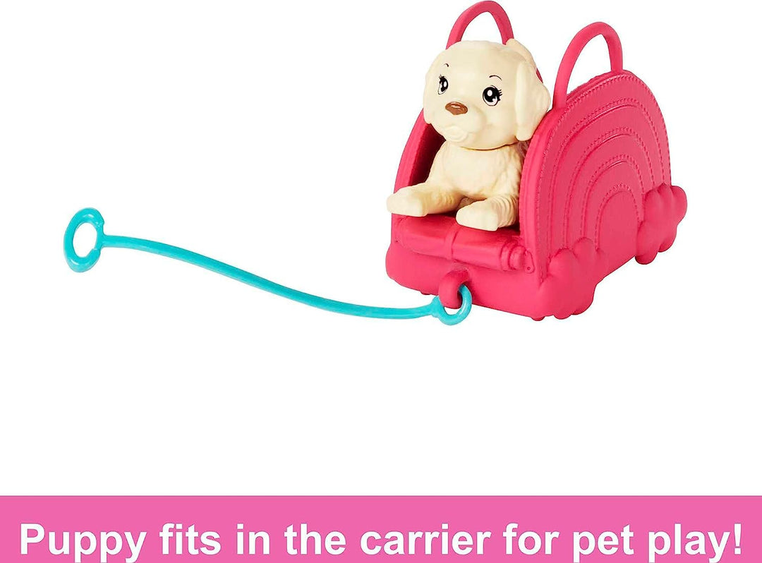 Barbie Chelsea-Puppe und 6 Zubehörteile, Reiseset mit Welpe, Transportbox und Rucksack